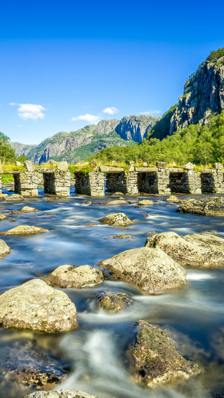 Handy-Wallpaper Landschaft, Natur, Berg, Fluss, Brücke, Gebirge, Norwegen, Brücken, Menschengemacht kostenlos herunterladen.
