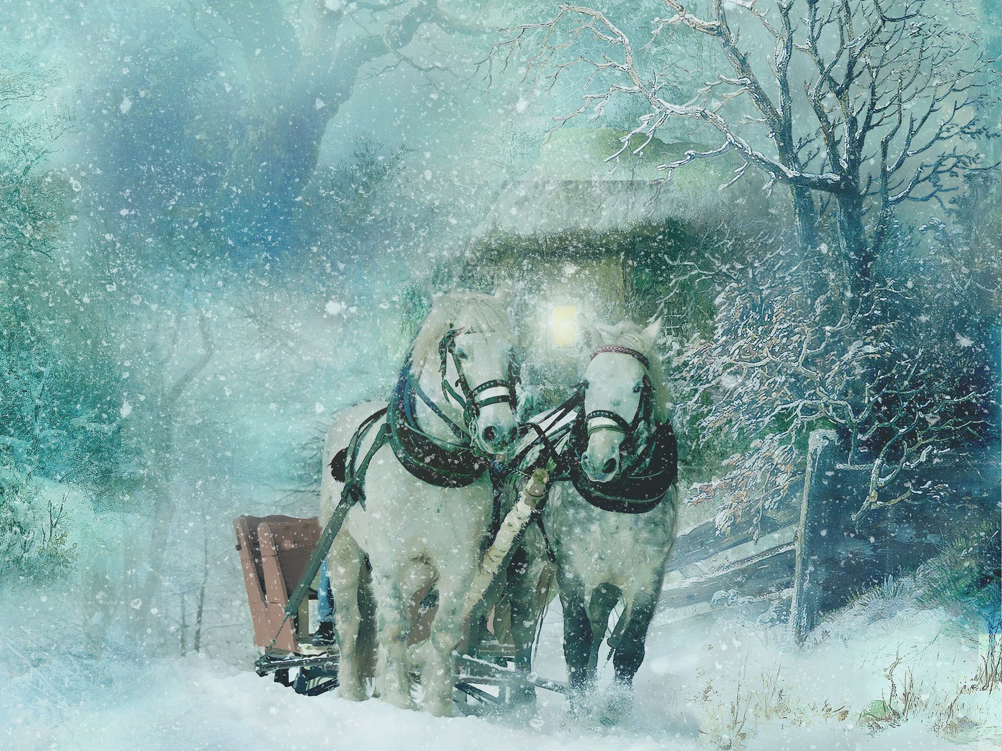 Скачать картинку Зима, Снег, Лошадь, Сани, Снегопад, Художественные в телефон бесплатно.