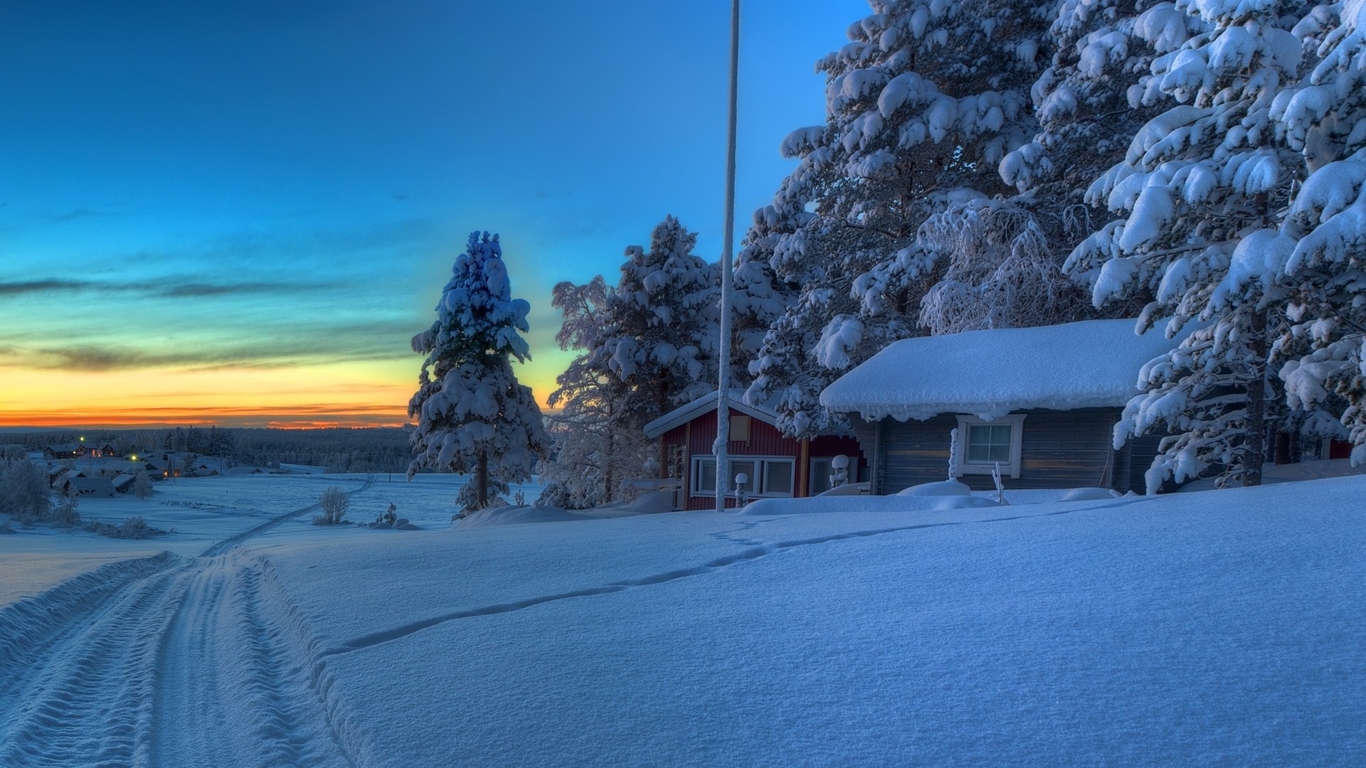 Download mobile wallpaper Winter, Sunset, Snow, Tree, House, Earth, Photography for free.
