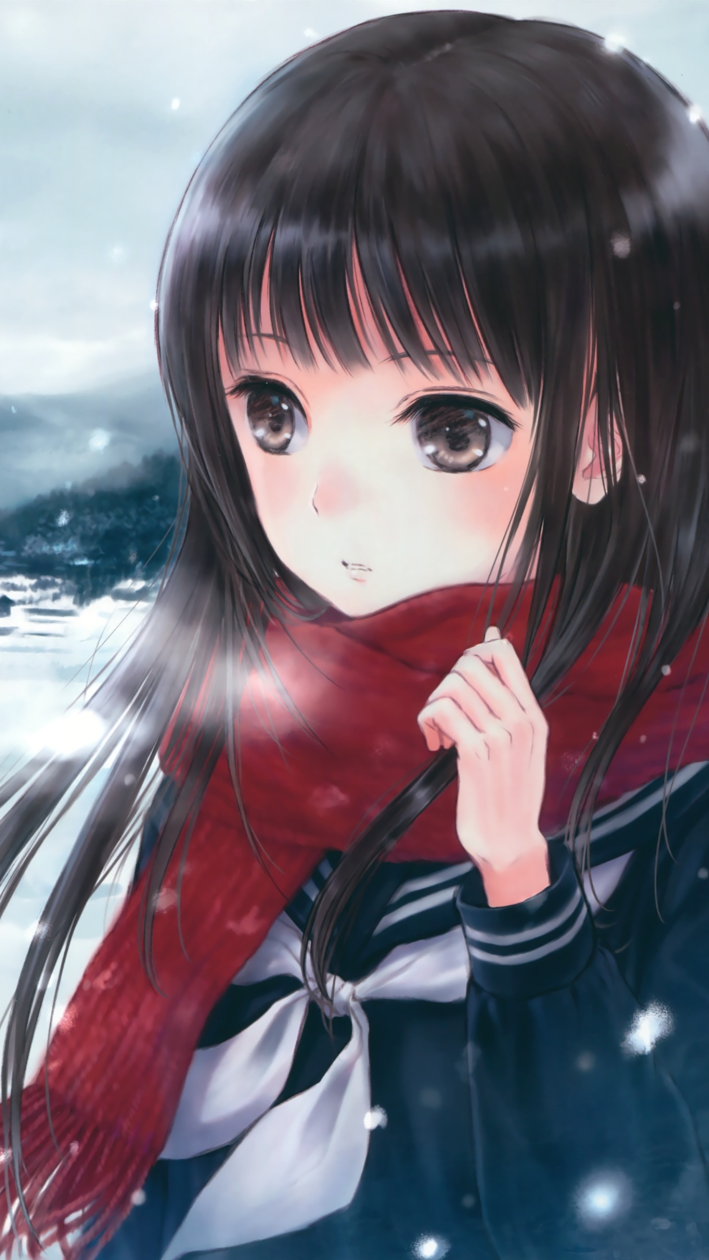 Download mobile wallpaper Anime, Snow, Mountain, Snowfall, Scarf, Original, Blush, School Uniform, Black Hair, Long Hair, Bow (Clothing), Black Eyes for free.