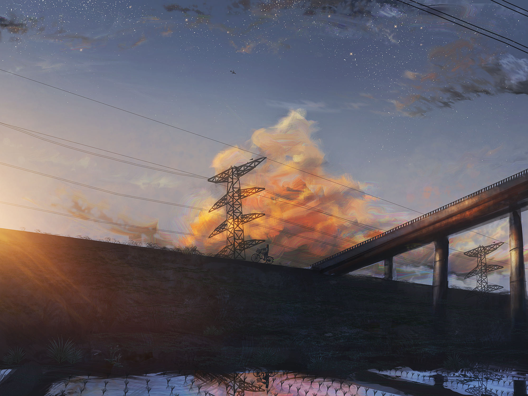 Laden Sie das Brücke, Original, Sonnenuntergang, Animes, Sternenklarer Himmel-Bild kostenlos auf Ihren PC-Desktop herunter