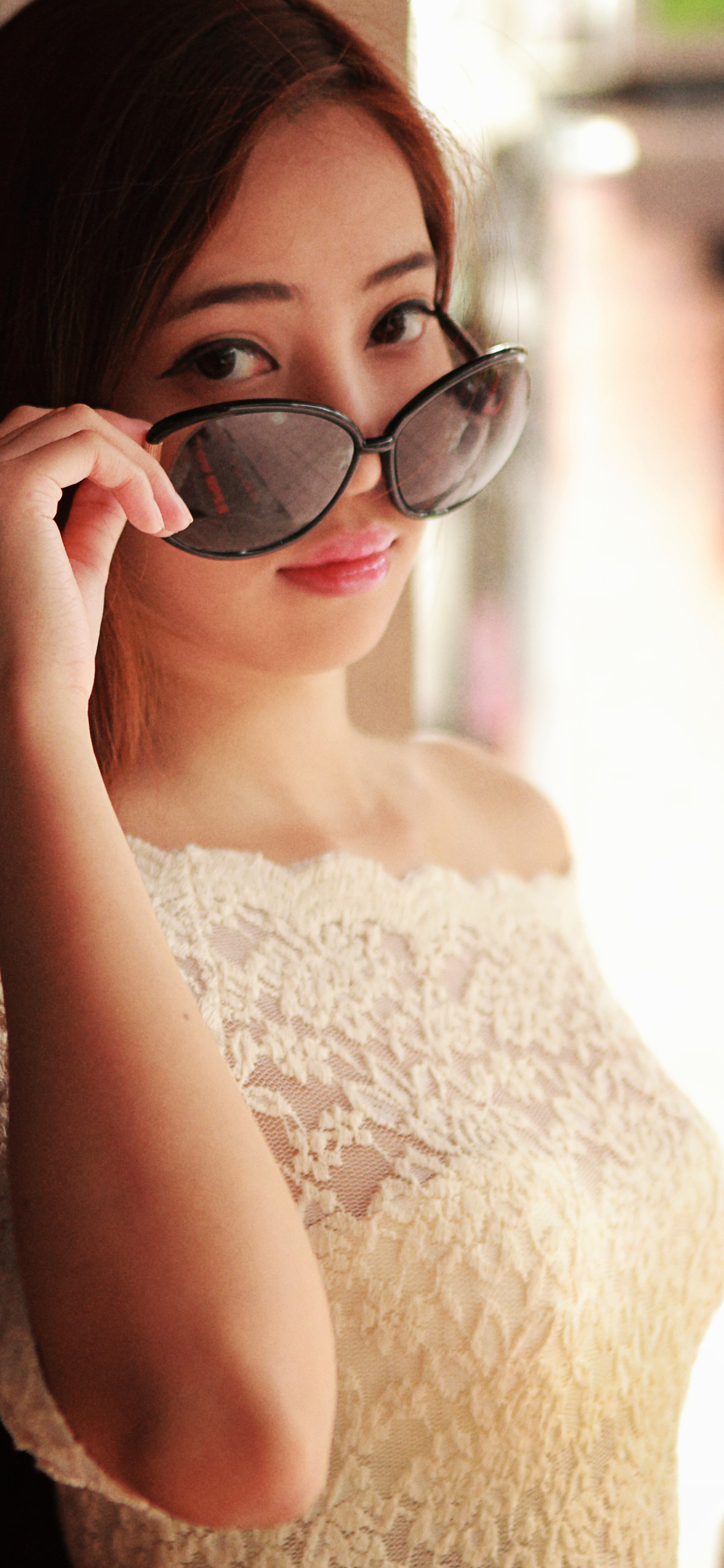 Download mobile wallpaper Reflection, Glasses, Face, Dress, Women, Asian for free.