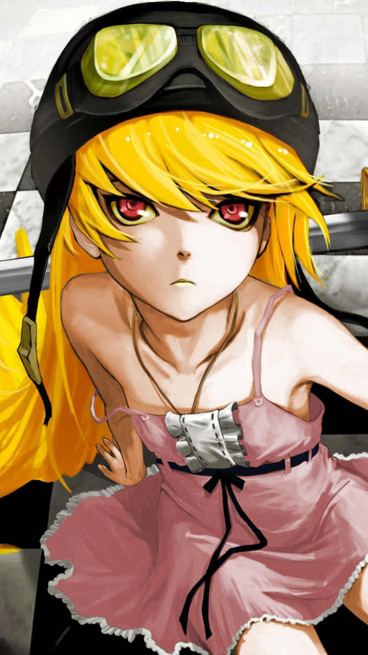 1252381 Hintergrundbild herunterladen animes, monogatari (serie), katana, gelbe augen, fliegerhelm, blond, blondinen, shinobu oshino - Bildschirmschoner und Bilder kostenlos