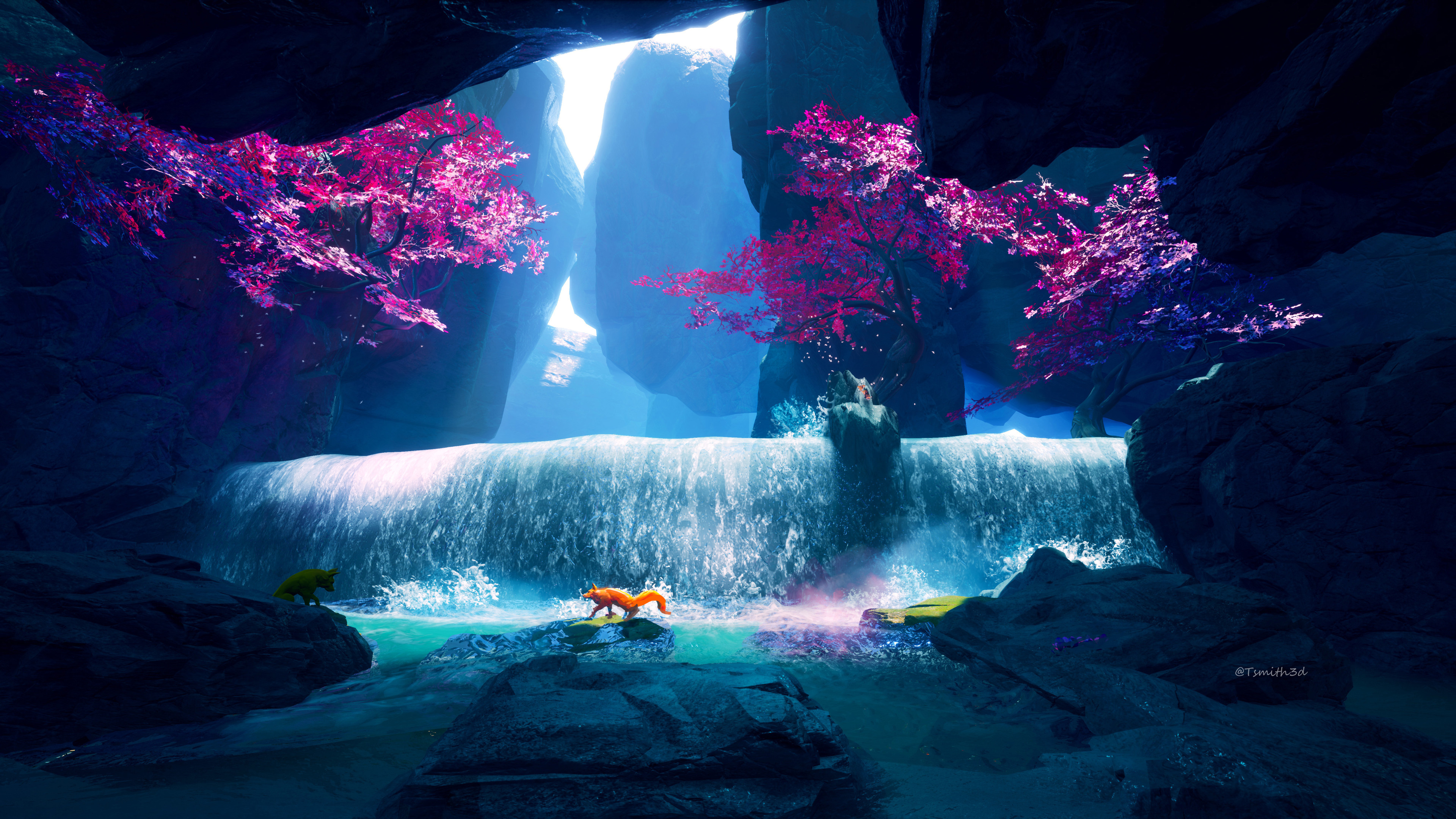 fantasy animals, fox, fantasy, waterfall 4K, Ultra HD