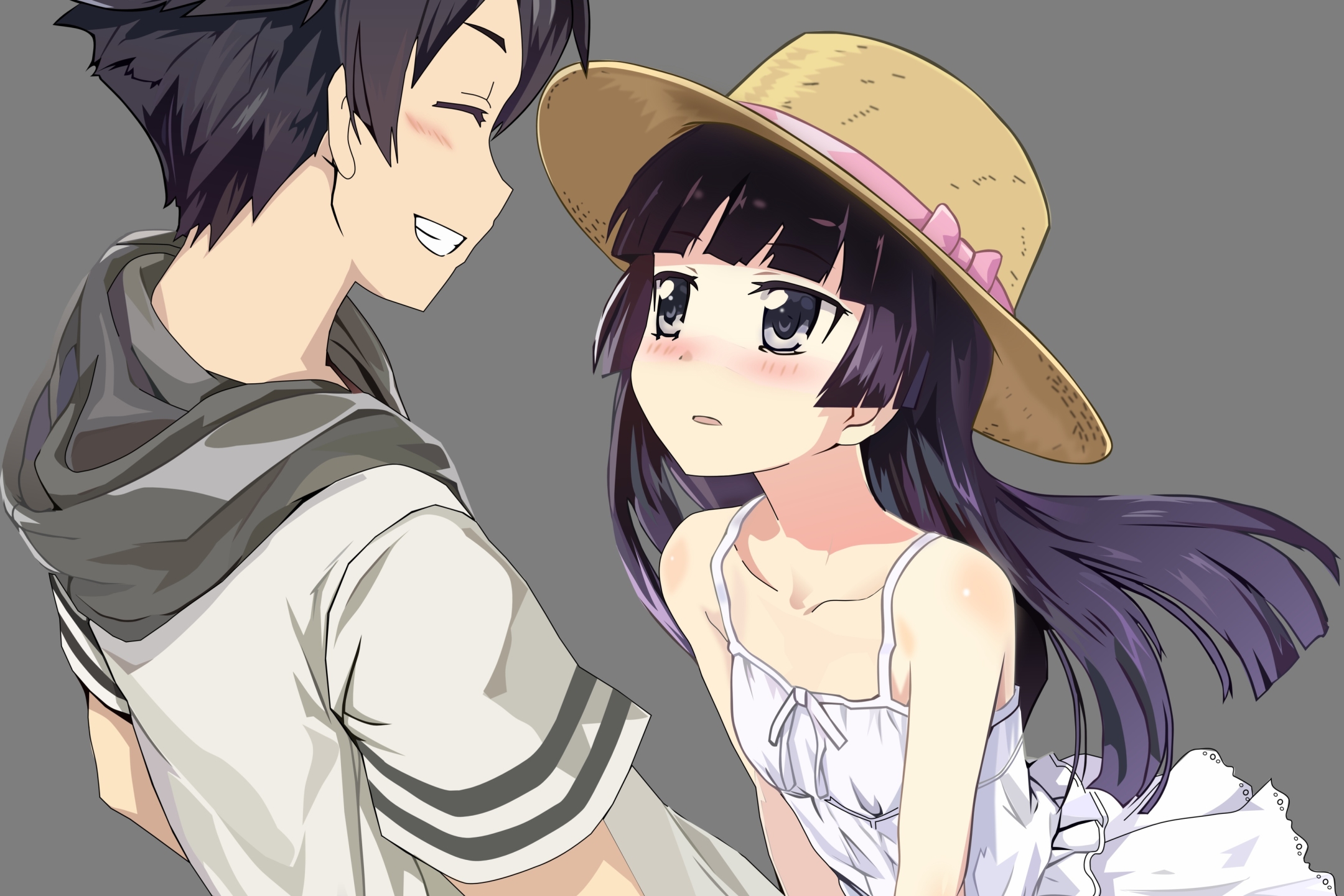 Download mobile wallpaper Anime, Smile, Hat, Dress, Blush, Long Hair, Purple Hair, Kyōsuke Kōsaka, Ruri Gokō, Oreimo, White Dress for free.