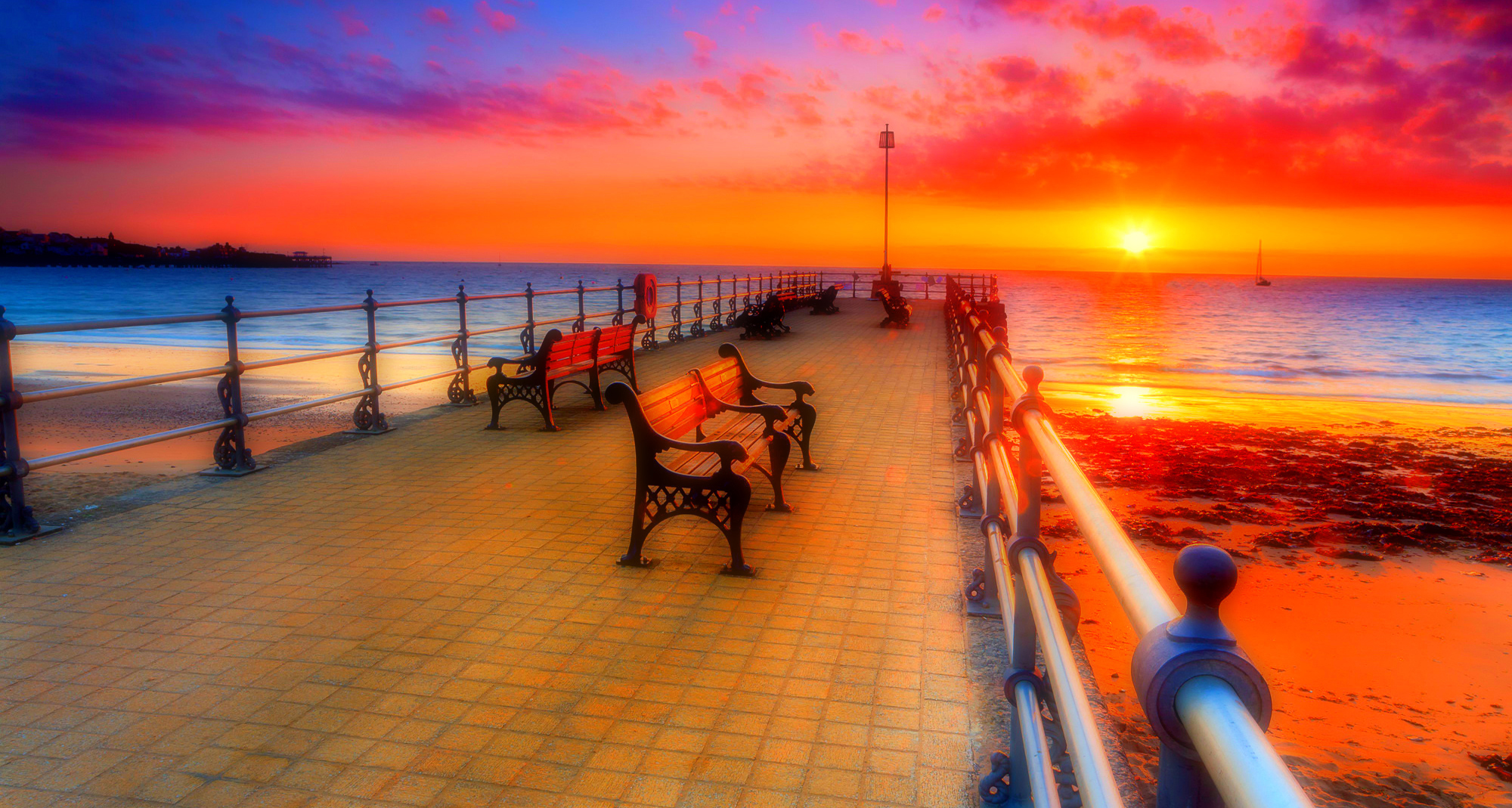Download mobile wallpaper Sunset, Sky, Sun, Pier, Ocean, Hdr, Bench, Photography, Orange (Color) for free.