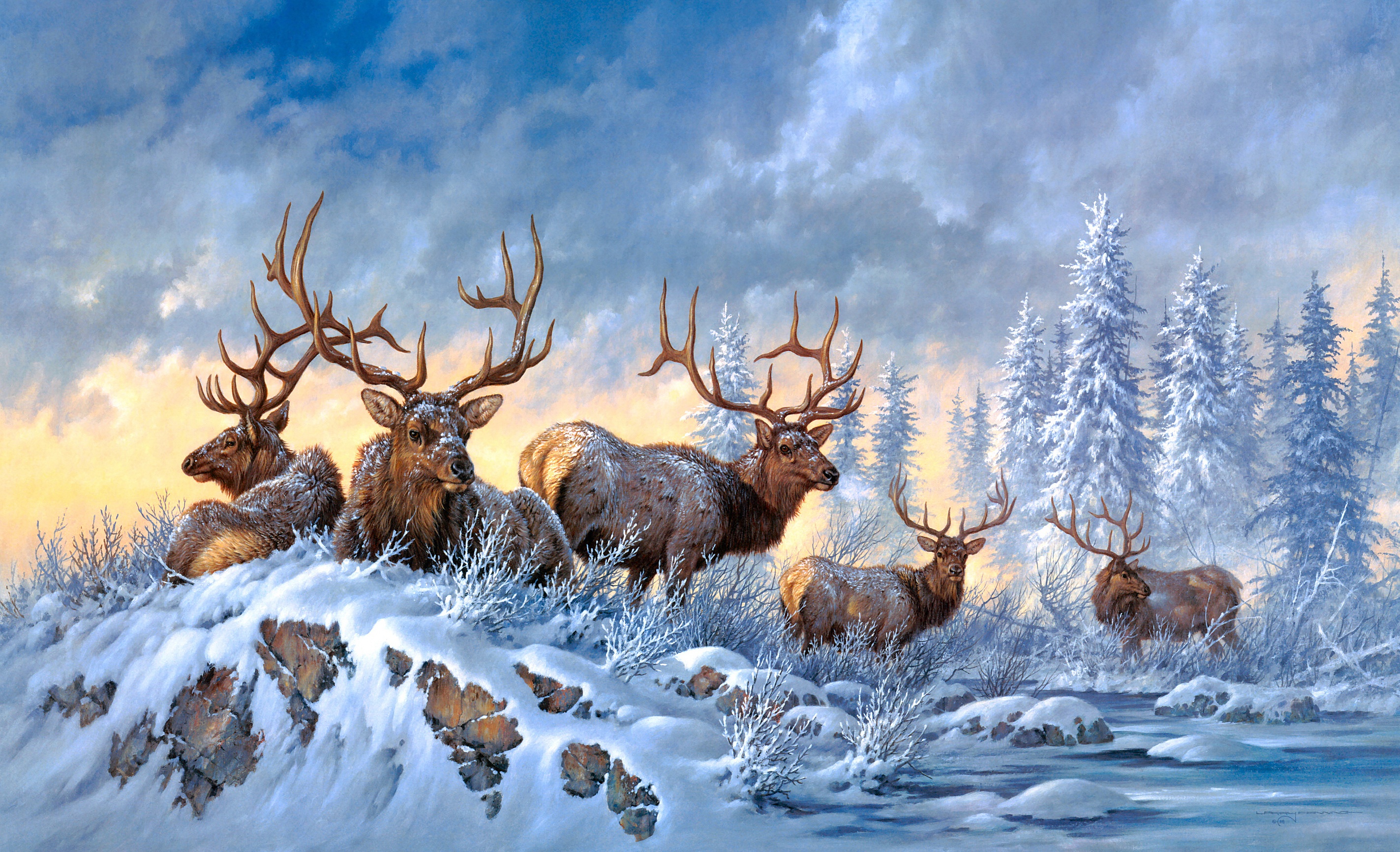 Download mobile wallpaper Winter, Nature, Snow, Animal, Painting, Deer for free.