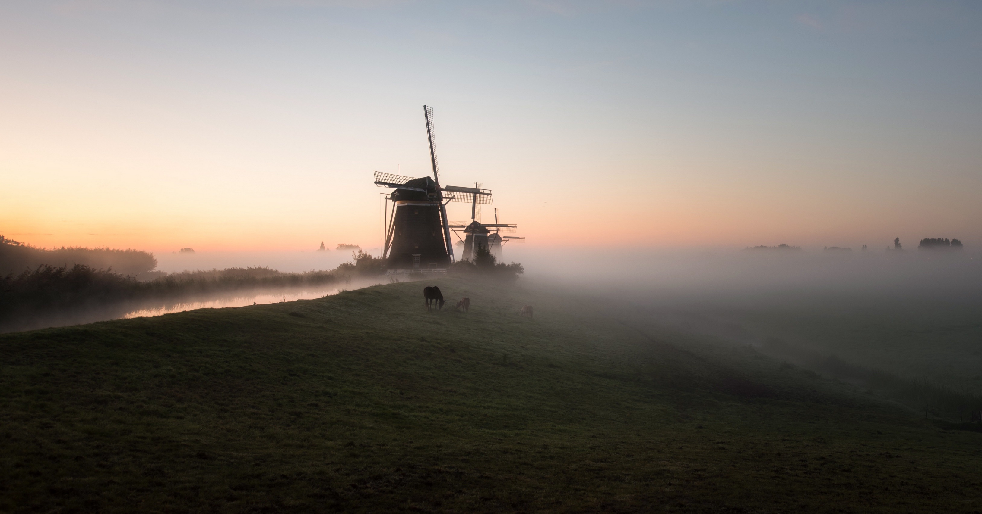 Free download wallpaper Building, Fog, Windmill, Man Made on your PC desktop