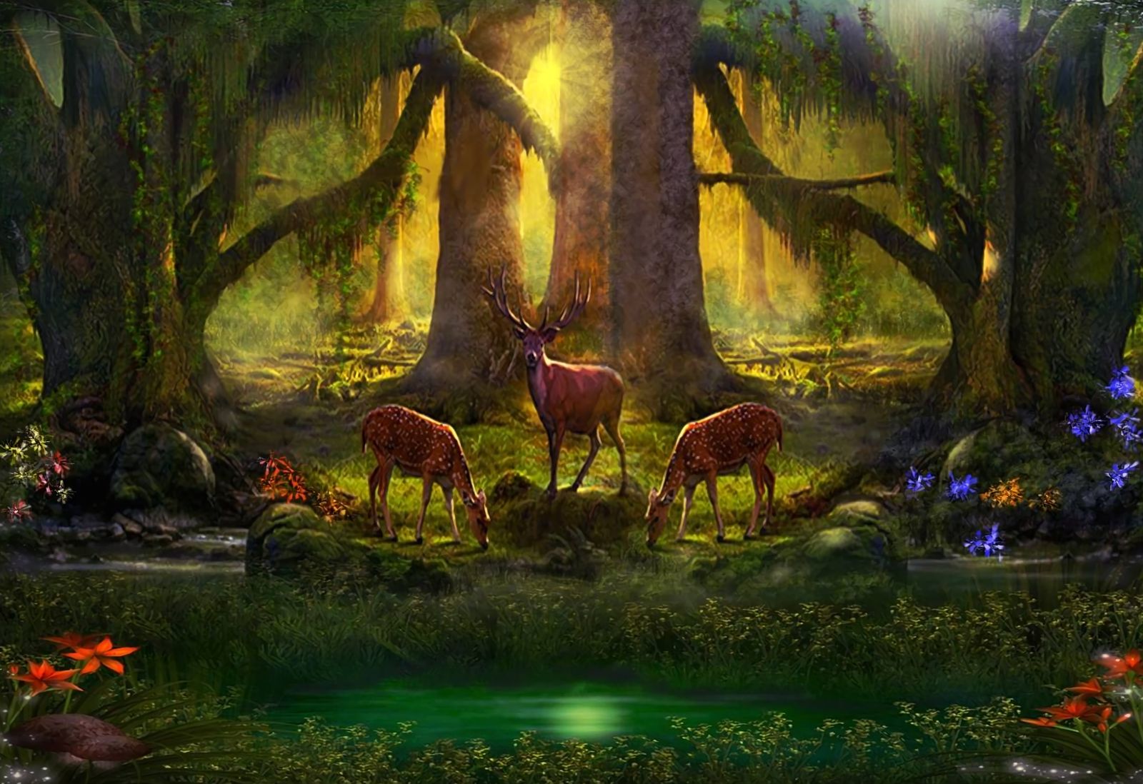 Download mobile wallpaper Fantasy, Forest, Tree, Deer, Artistic for free.