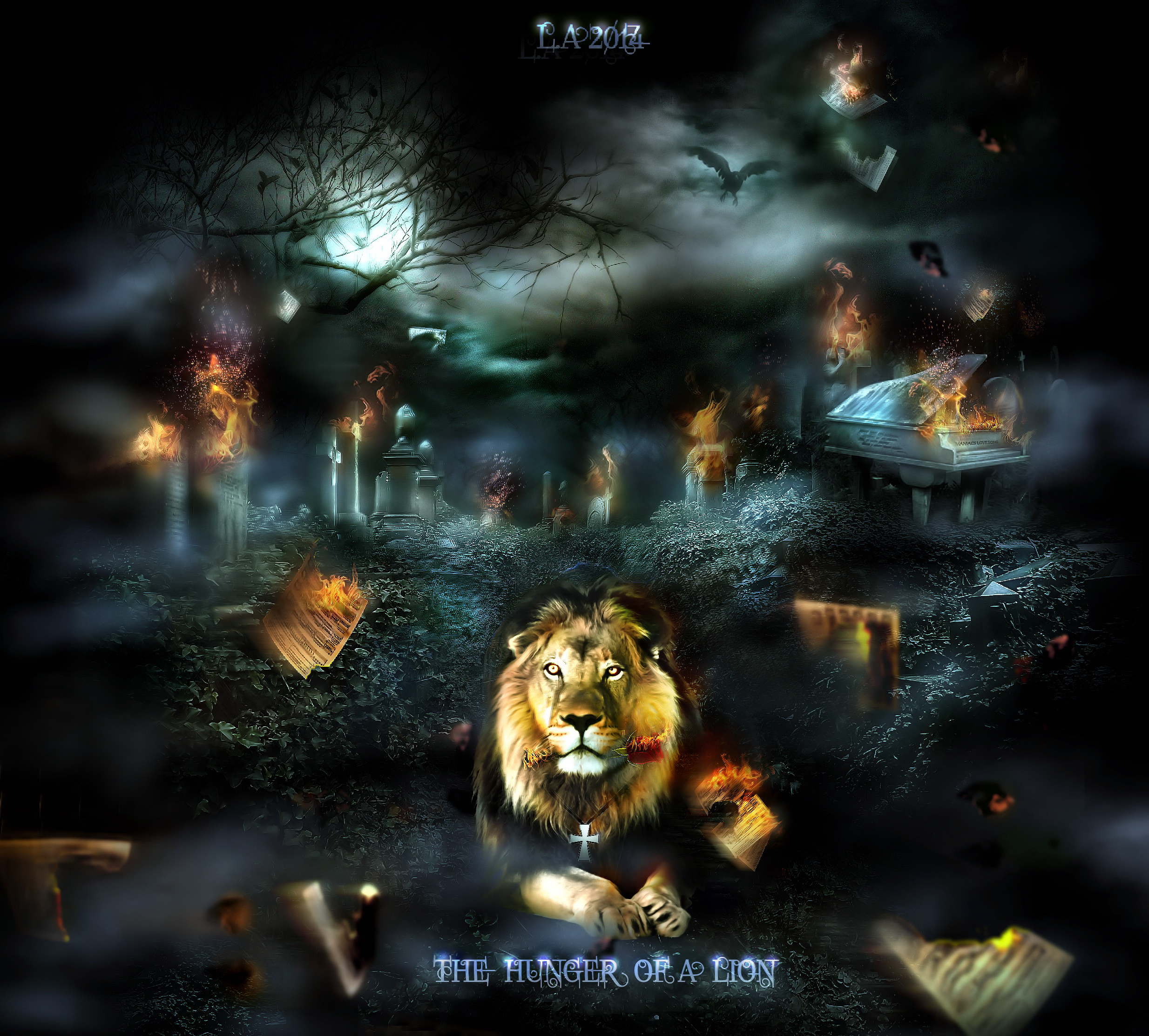 Download mobile wallpaper Cemetery, Fantasy Animals, Fantasy, Lion, Fire, Night for free.