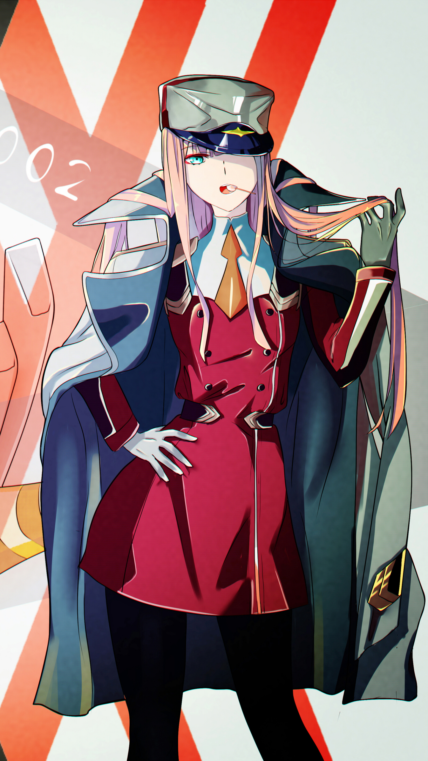anime, darling in the franxx, pink hair, hat, long hair, coat, lollipop, zero two (darling in the franxx)