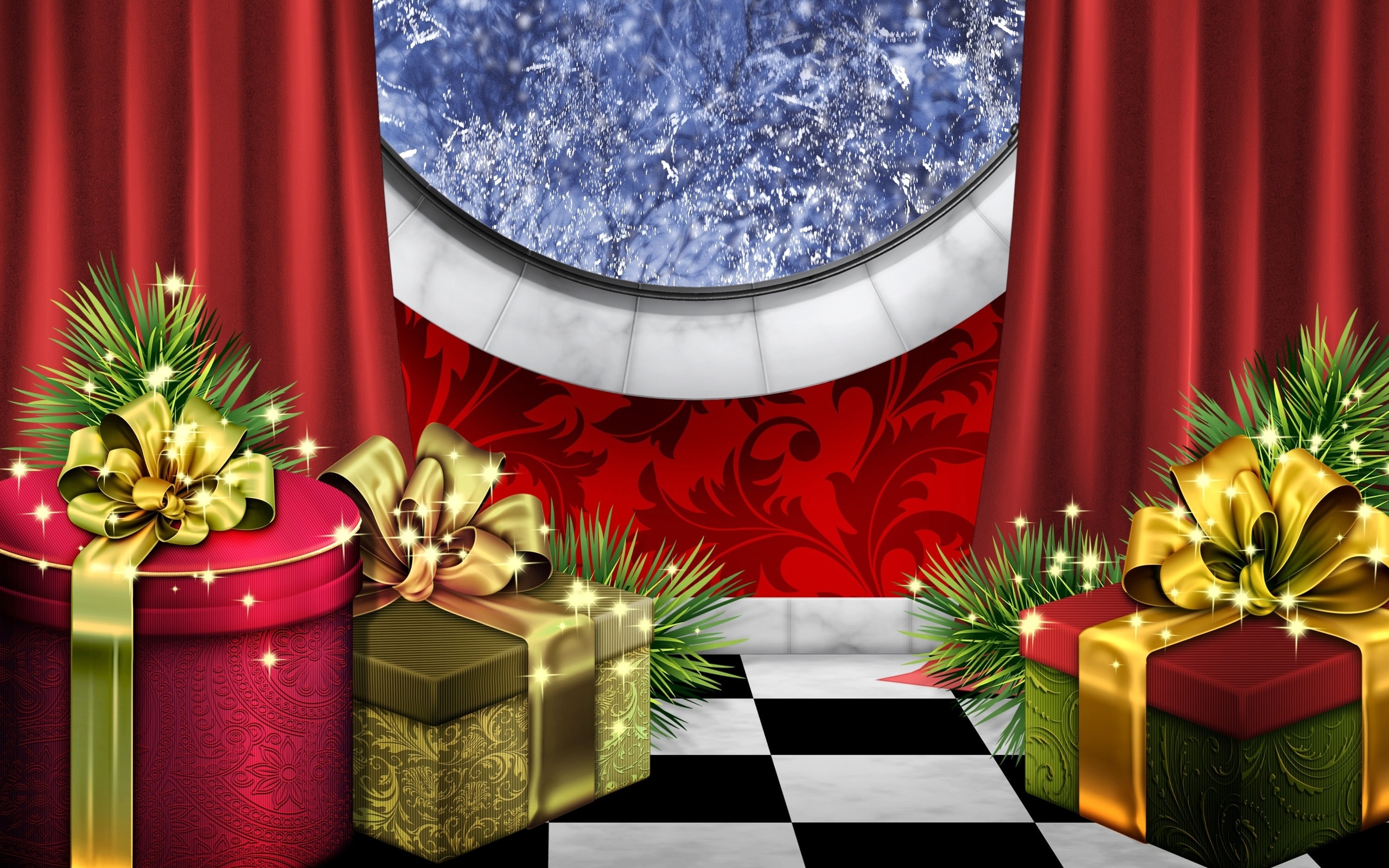 Téléchargez des papiers peints mobile Noël, Vacances, Fenêtre, Cadeau, Rideau, Étincelle gratuitement.