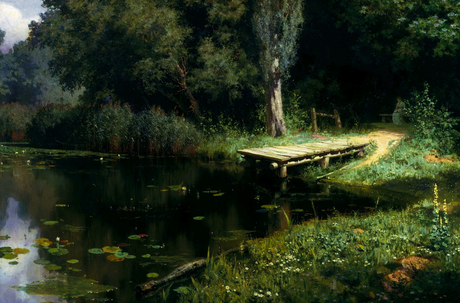 art, trees, nature, water lilies, lake, pier, painting, polenov, overgrown pond