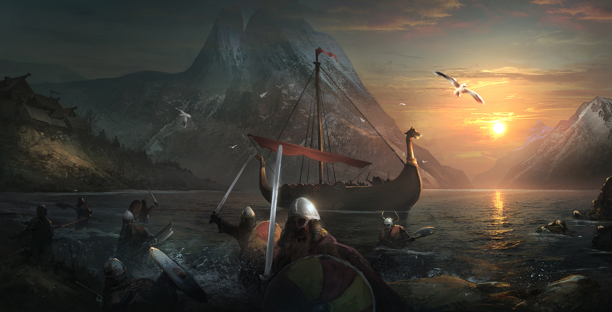 755926 скачать обои драккар, викинг, фэнтези, шлем, щит, мечи, воин - заставки и картинки бесплатно