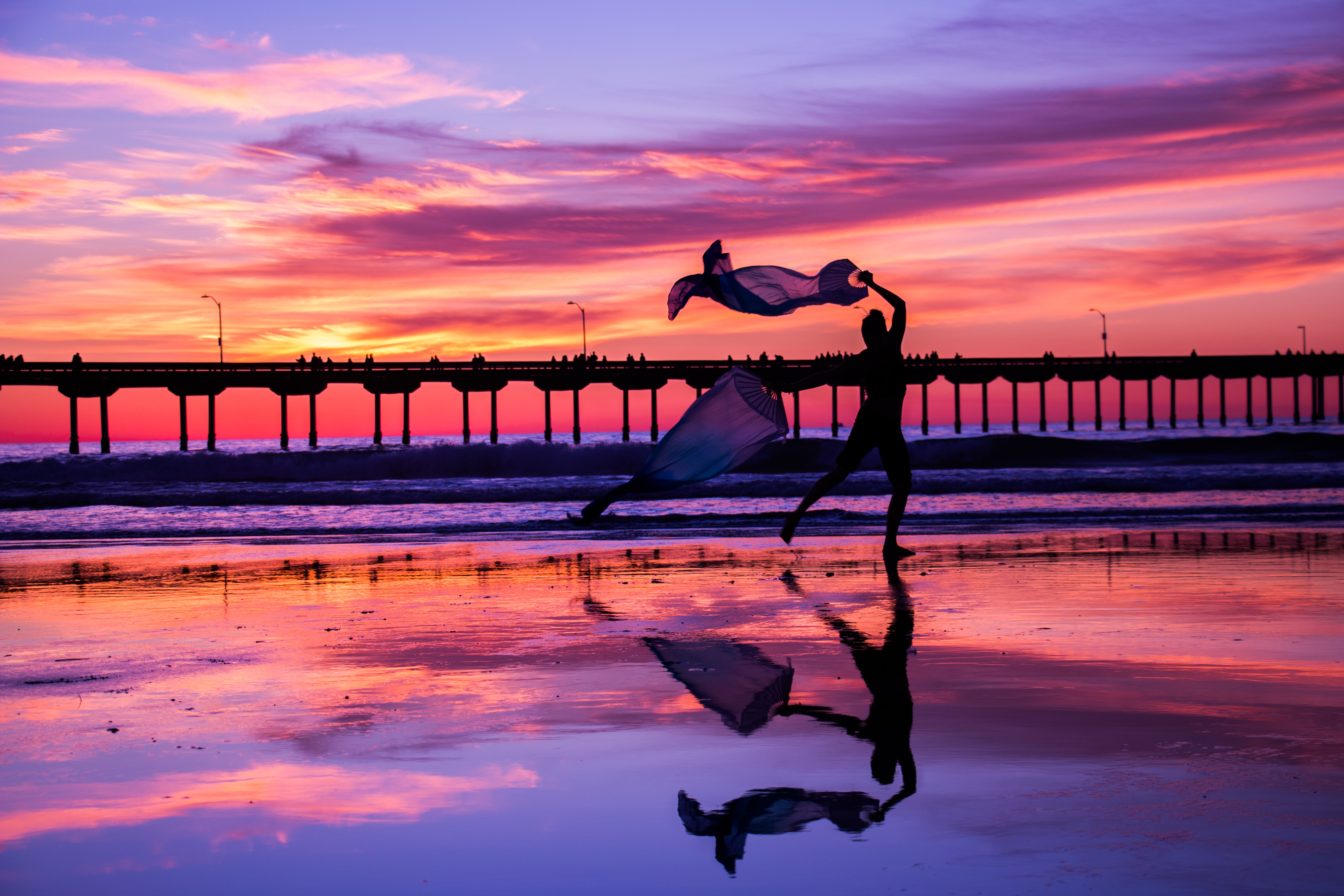 dance, sunset, sea, dark, pier, silhouette Full HD