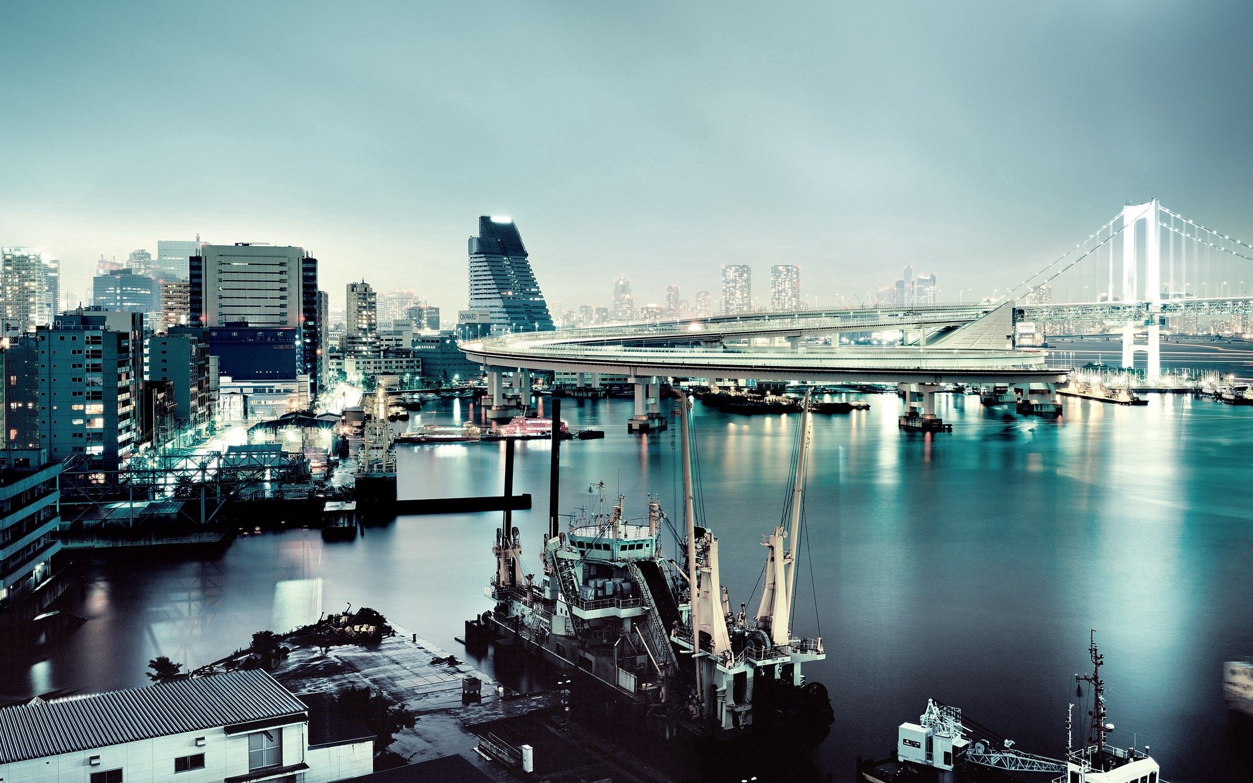 無料モバイル壁紙都市, 市, 高 層 ビル, レインボーブリッジ, 高層ビル, 川, 東京をダウンロードします。