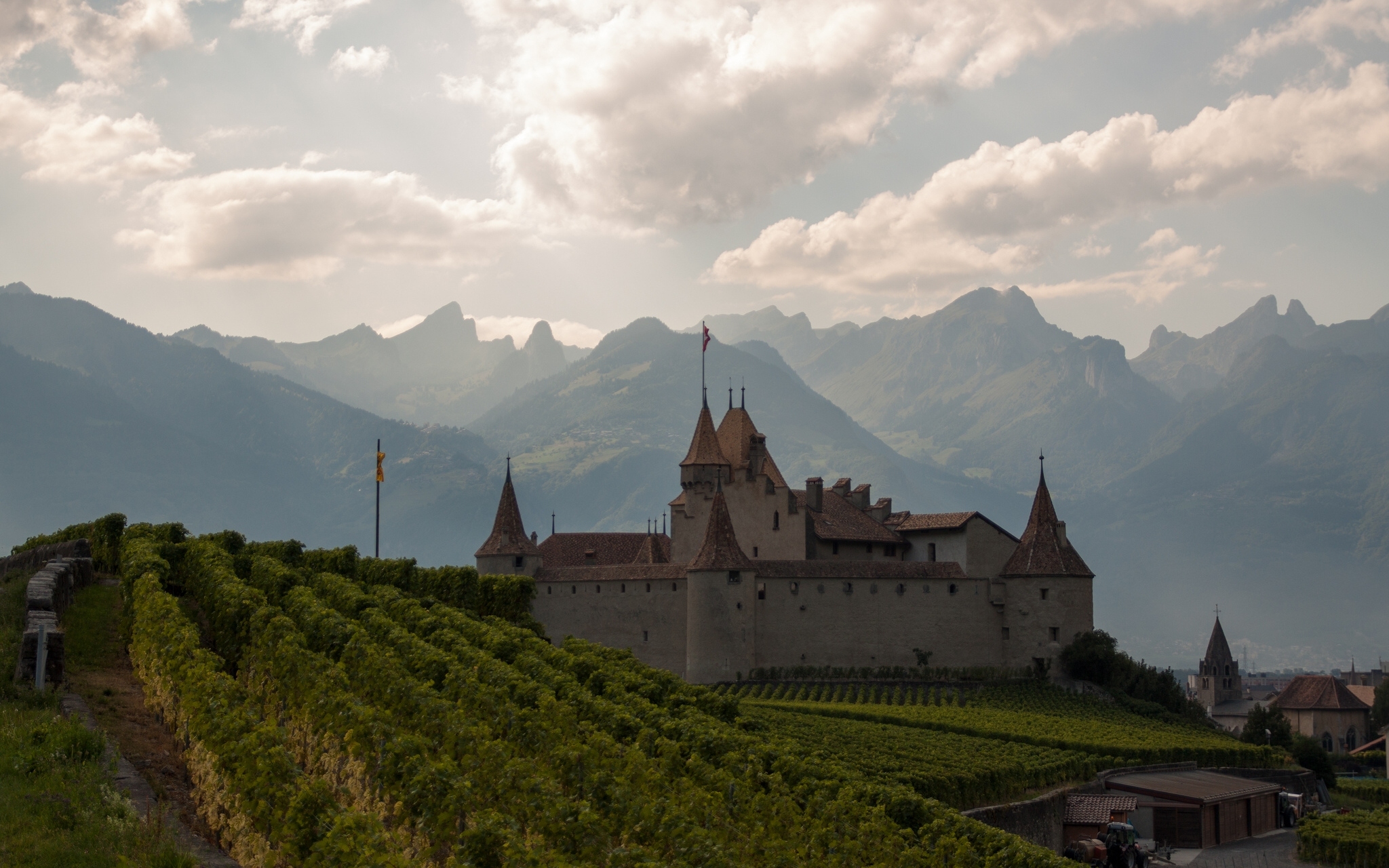 Free download wallpaper Castles, Mountain, Alps, Switzerland, Vineyard, Man Made, Castle, Aigle Castle on your PC desktop