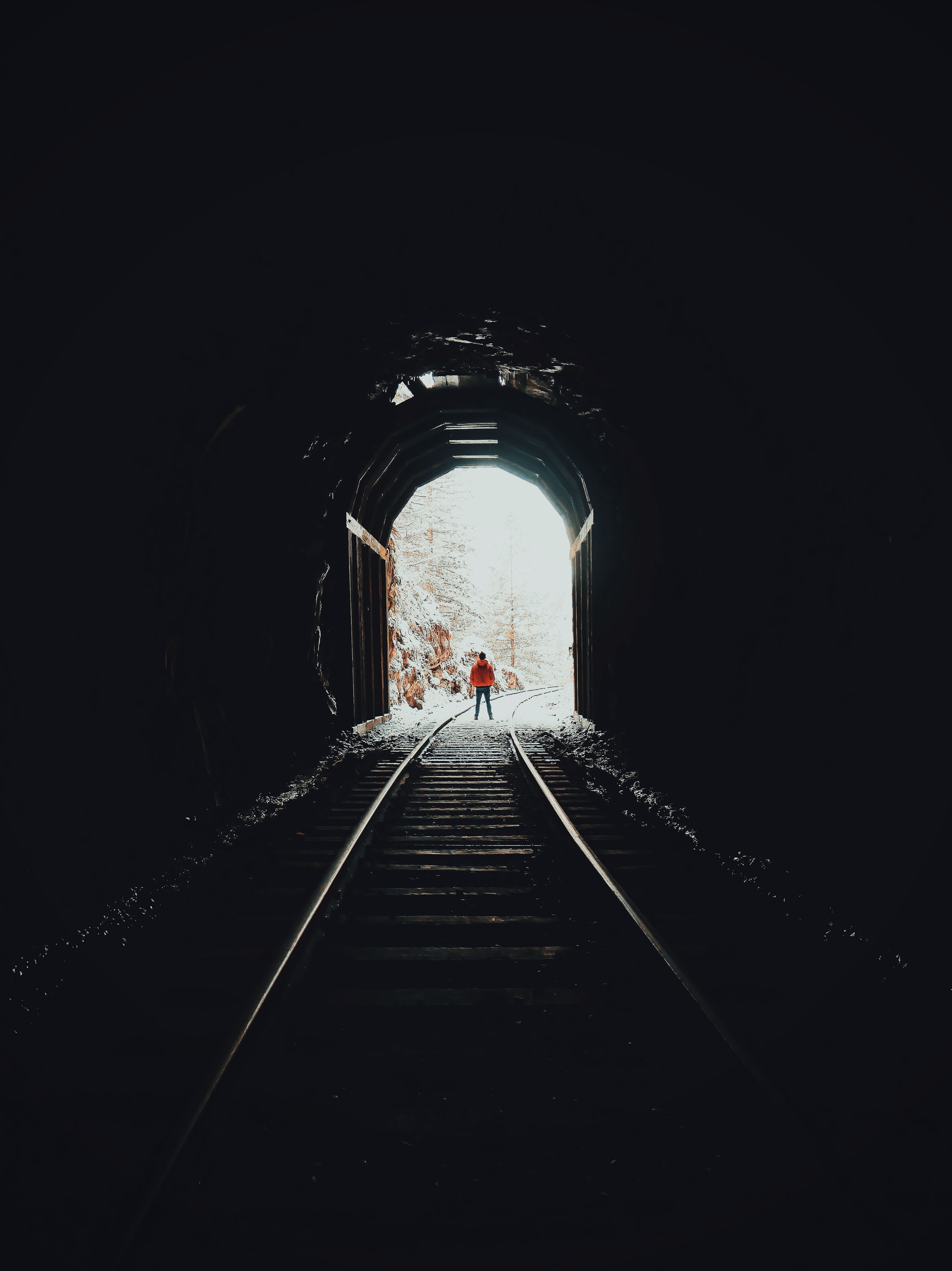 dark, silhouette, miscellanea, miscellaneous, tunnel, rails