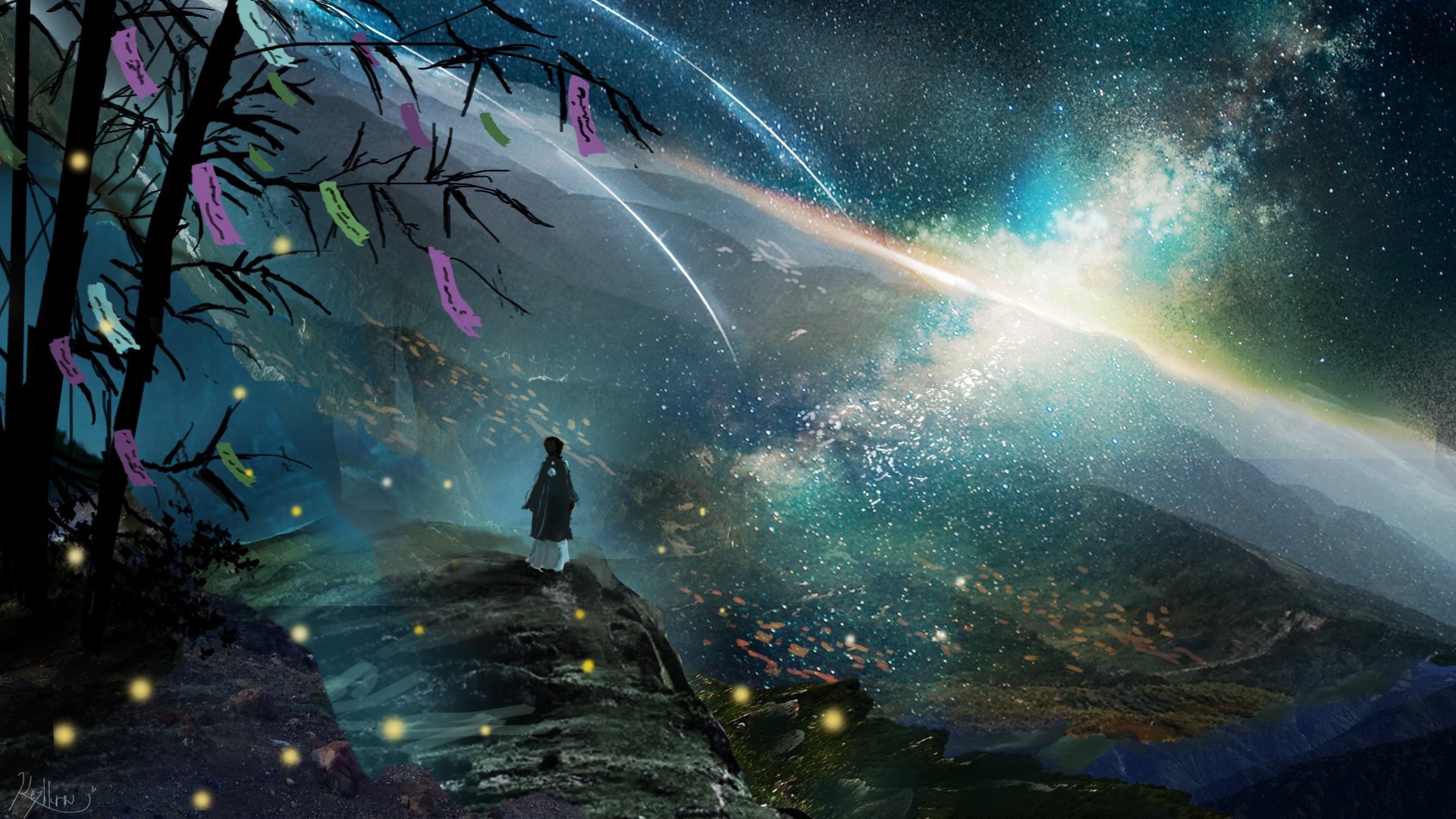 Laden Sie das Landschaft, Sterne, Baum, Nacht, Komet, Original, Animes, Galaxie-Bild kostenlos auf Ihren PC-Desktop herunter