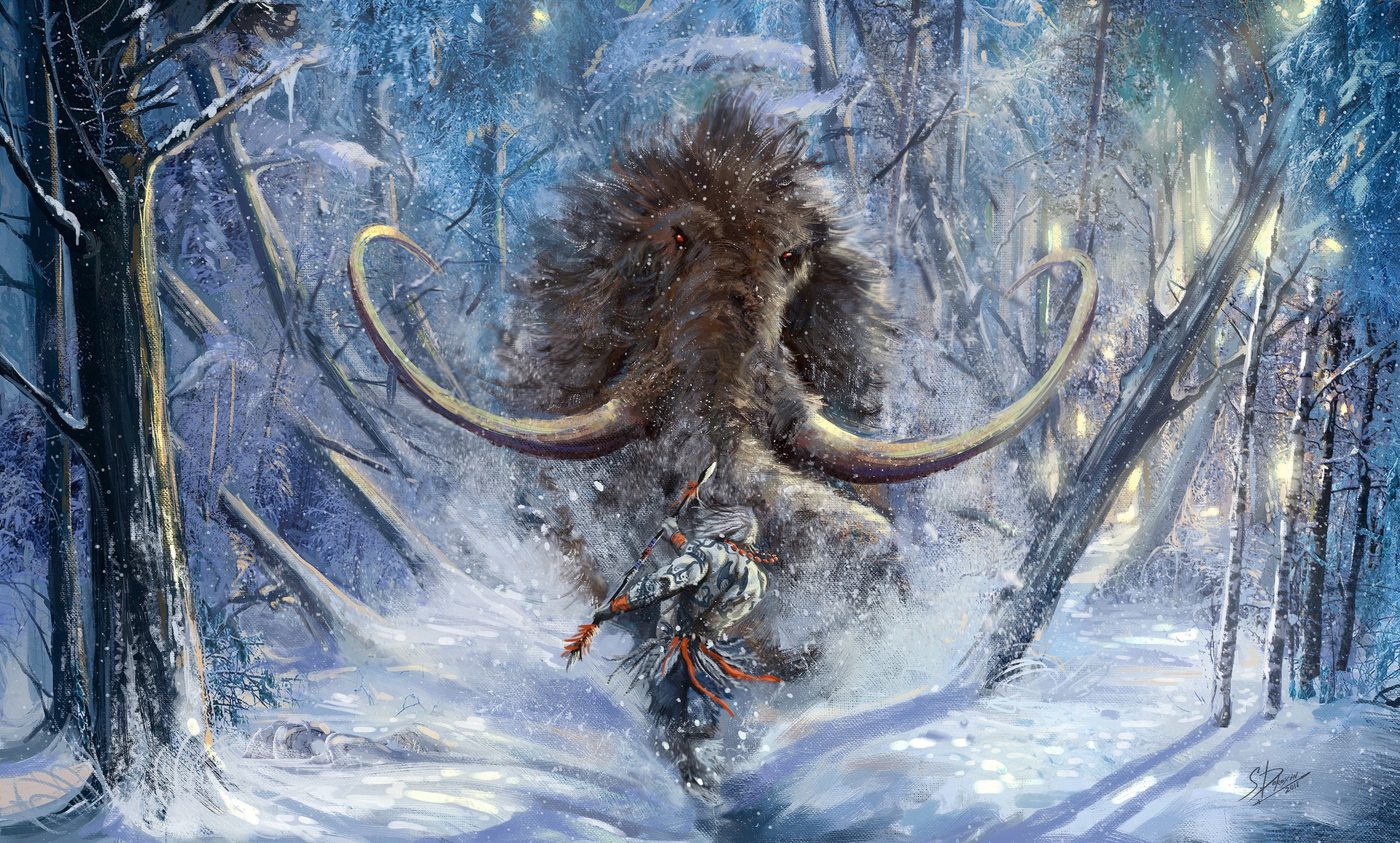 922688 descargar fondo de pantalla fantasía, guerrero, caza, mamut, nieve, lanza: protectores de pantalla e imágenes gratis