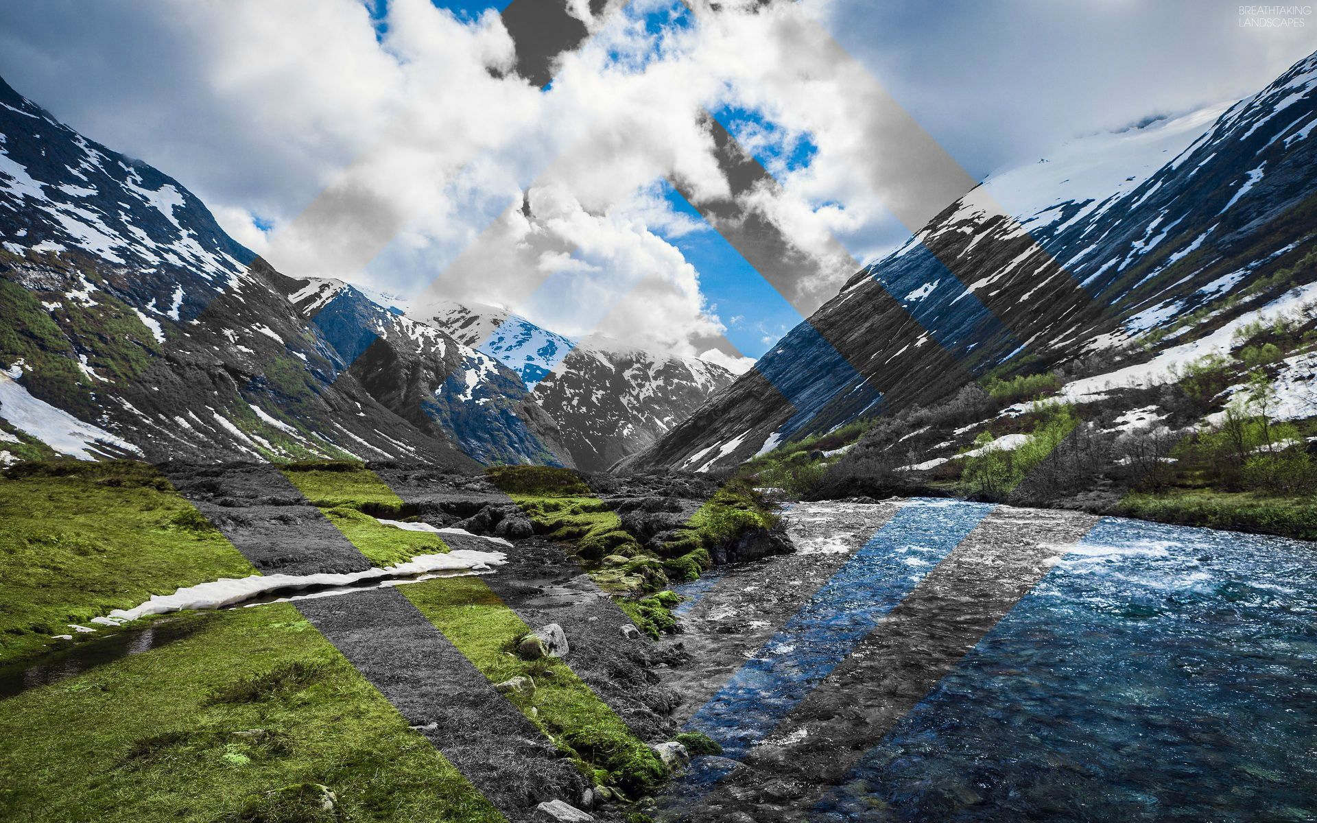 Laden Sie das Wasser, Gebirge, Wolke, Schwarz Weiß, Strom, Gras, Künstlerisch, Polyscape-Bild kostenlos auf Ihren PC-Desktop herunter