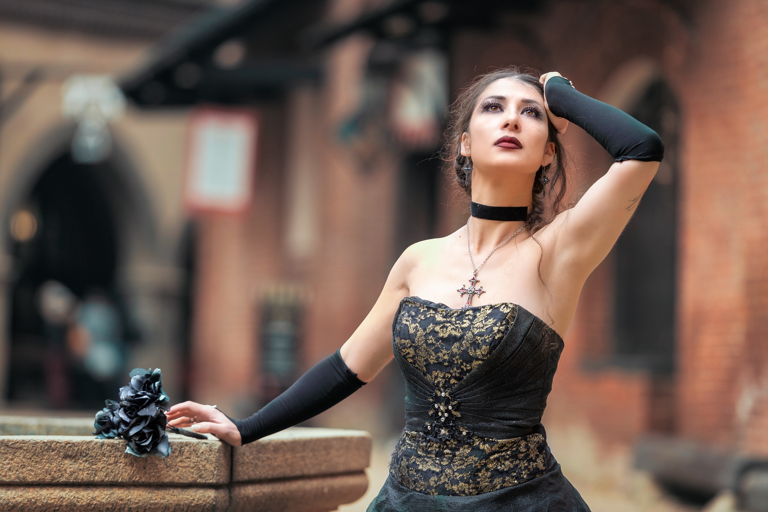 Download mobile wallpaper Gothic, Mood, Model, Women, Necklace, Brown Eyes, Black Dress, Lipstick, Depth Of Field for free.