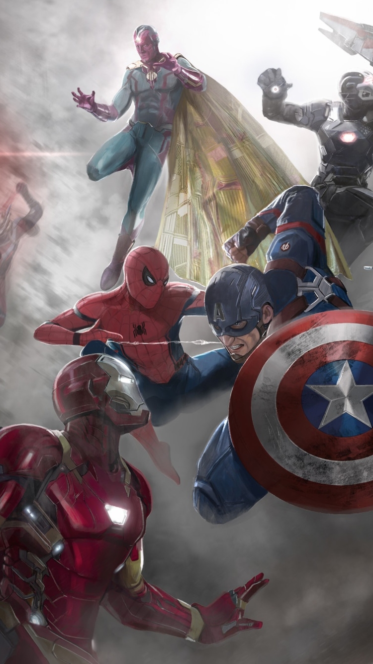 Download mobile wallpaper Spider Man, Iron Man, Captain America, Movie, Vision (Marvel Comics), War Machine, Captain America: Civil War for free.