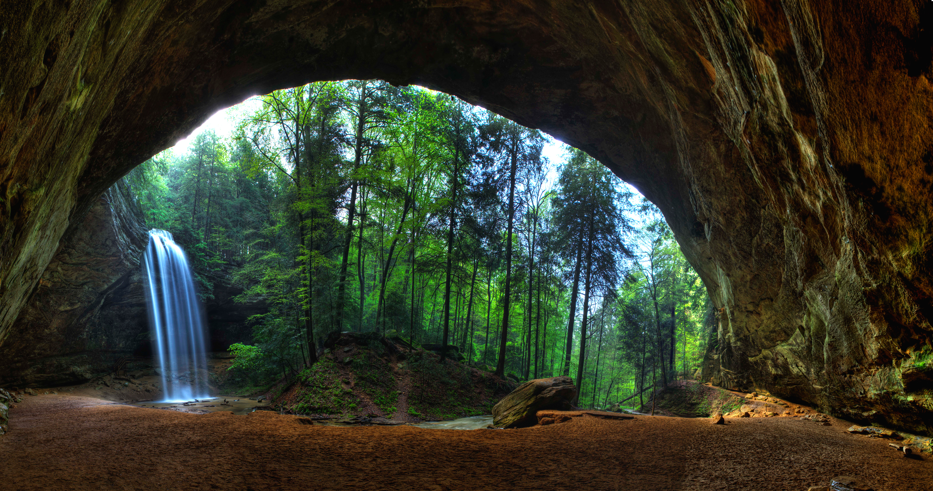 無料モバイル壁紙自然, 木, 洞窟, 滝, 森, 地球, アーチをダウンロードします。