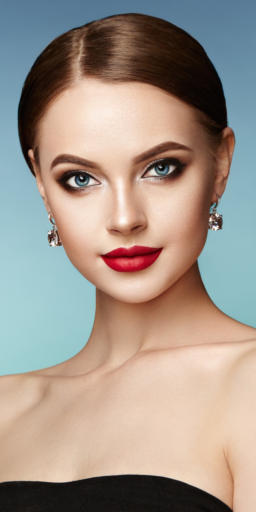 Download mobile wallpaper Face, Model, Women, Earrings, Blue Eyes, Lipstick for free.