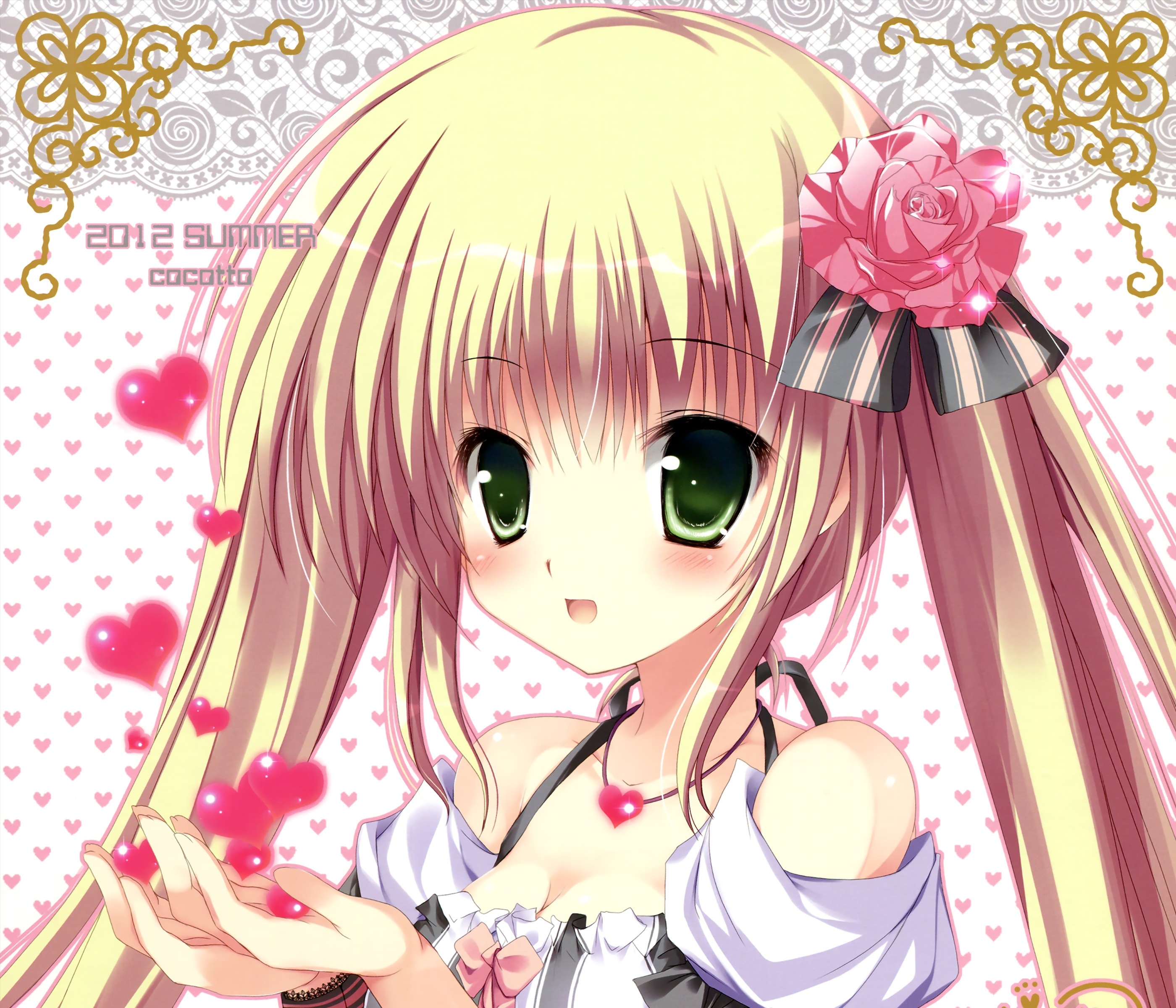 Laden Sie das Blume, Lächeln, Herz, Grüne Augen, Original, Blondinen, Animes, Lange Haare, Twintails-Bild kostenlos auf Ihren PC-Desktop herunter