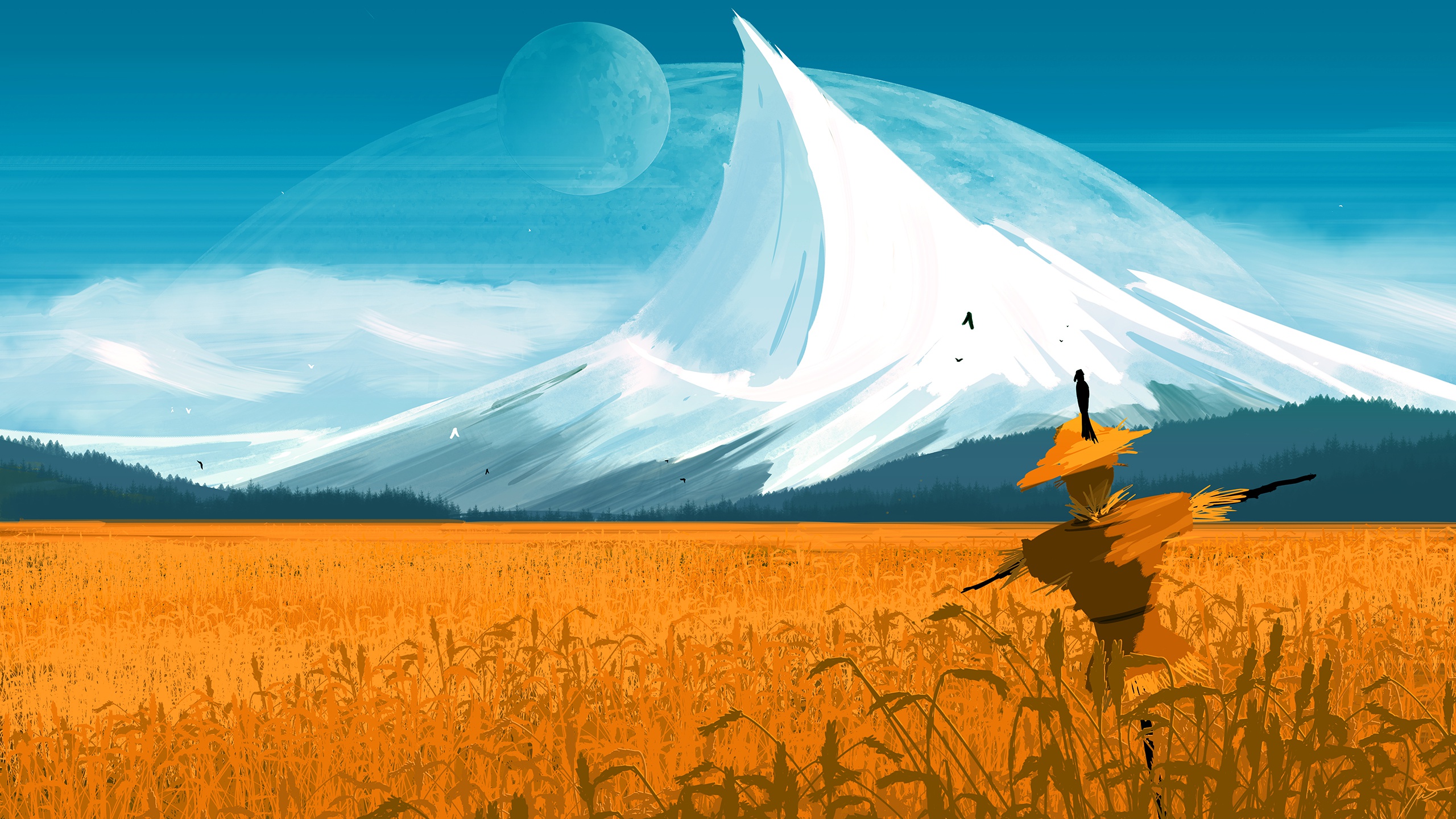 planet, sci fi, landscape, field, mountain, peak, scarecrow