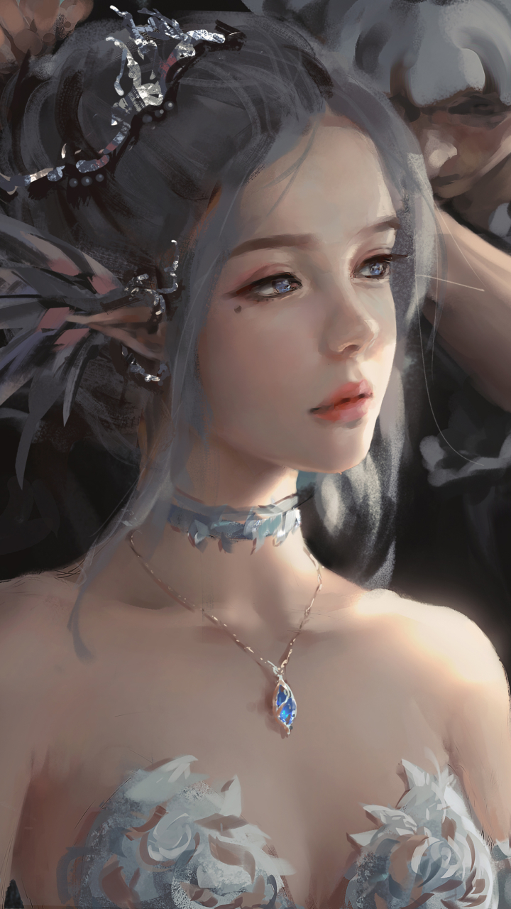 Download mobile wallpaper Fantasy, Elf, Blue Eyes, Necklace, Pointed Ears, Grey Hair for free.