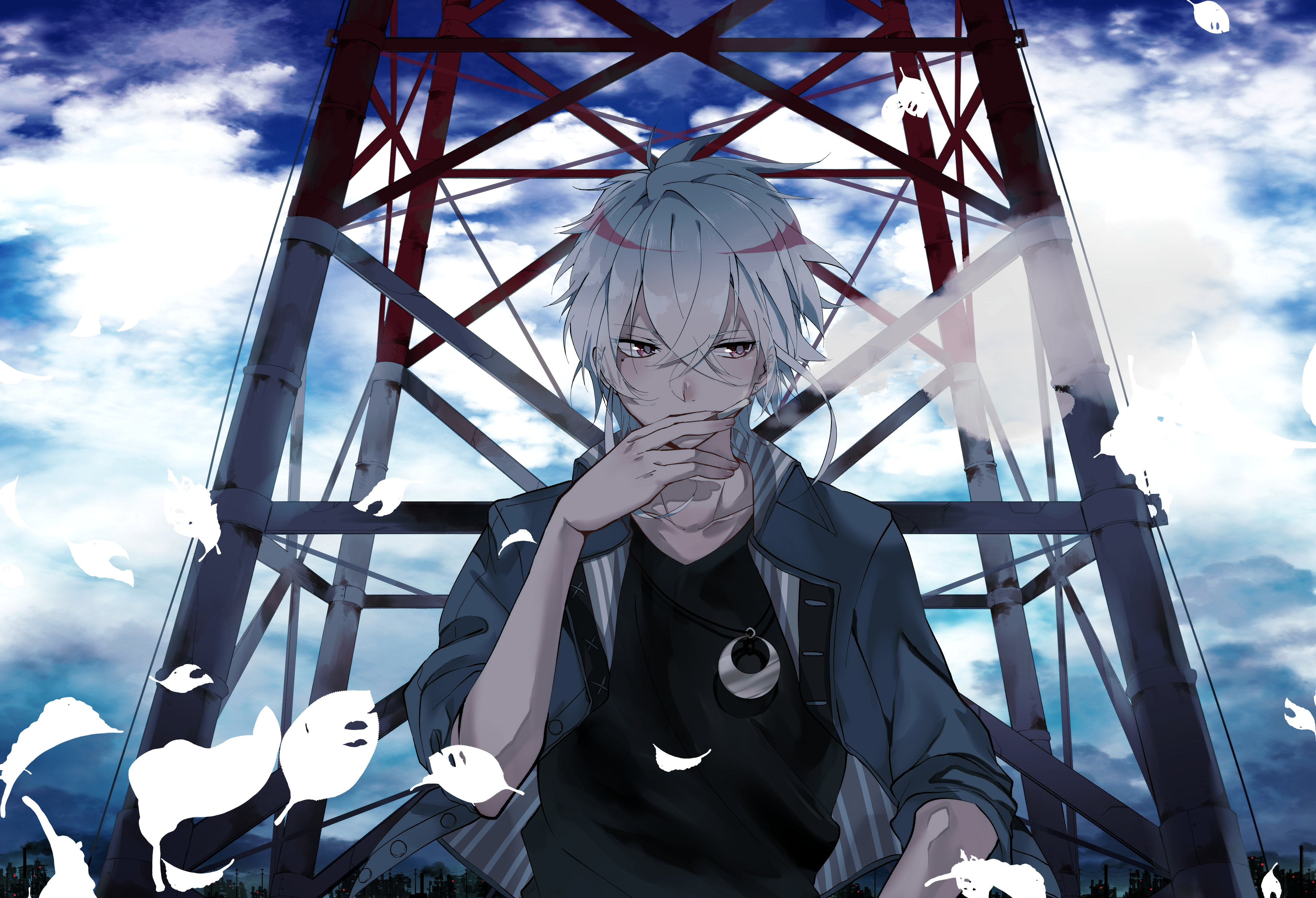 cigarette, anime, original, coat, necklace, red eyes, smoke, white hair