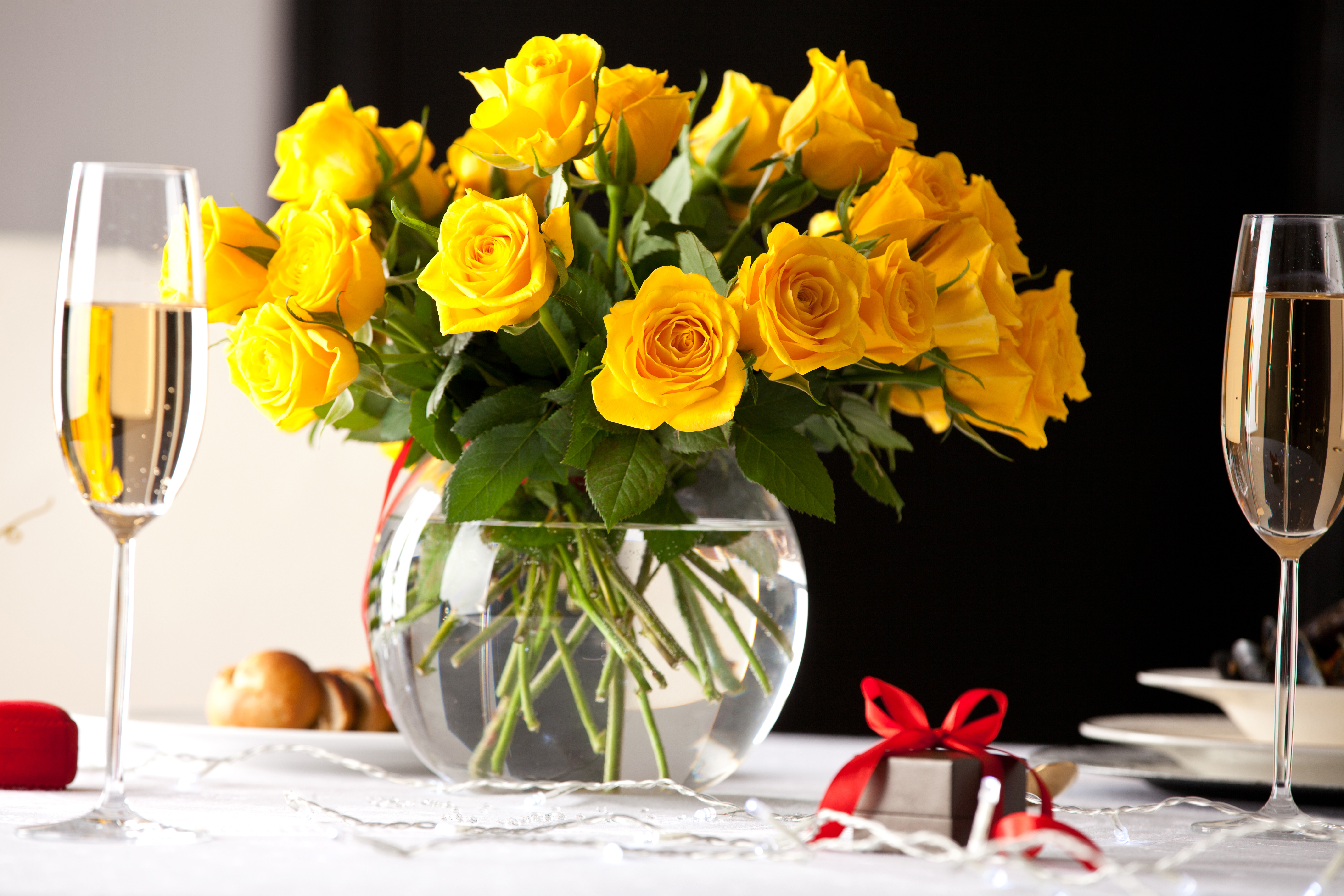 Download mobile wallpaper Still Life, Flower, Glass, Gift, Vase, Photography, Champagne for free.