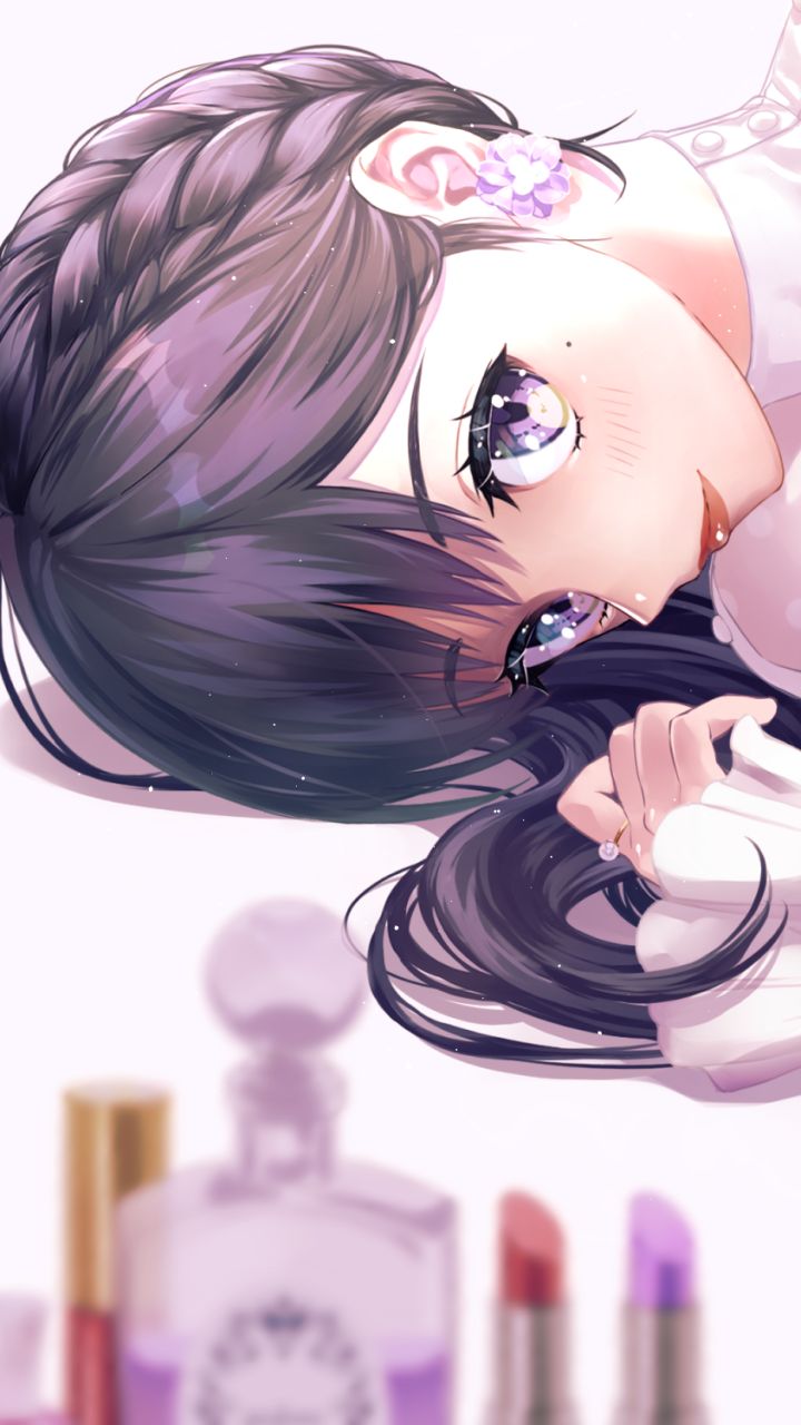 anime, original, purple eyes, earrings, perfume, black hair