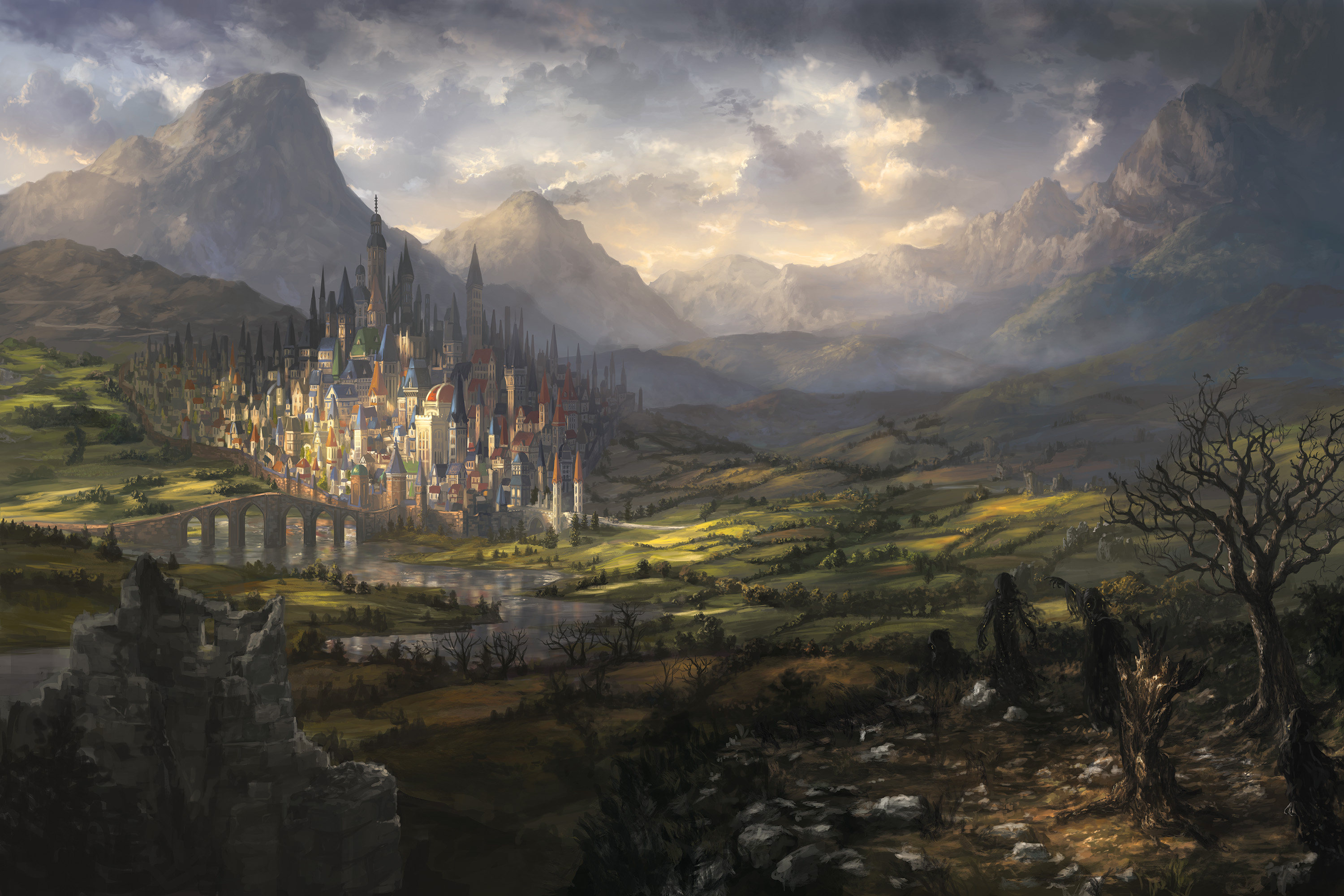 Free download wallpaper Landscape, Fantasy, City, Mountain, River on your PC desktop