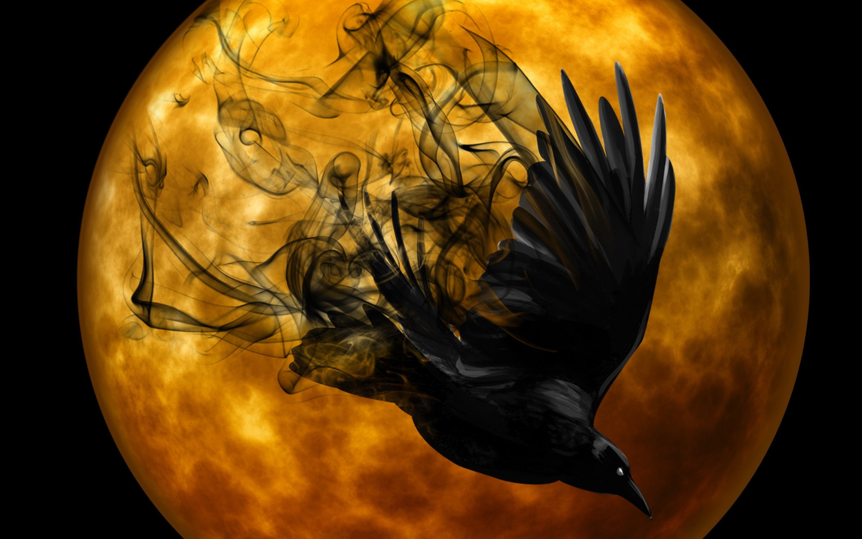Скачать обои бесплатно Птицы, Луна, Хэллоуин, Чёрный, Ворон, Праздничные, Оранжевый Цвет) картинка на рабочий стол ПК