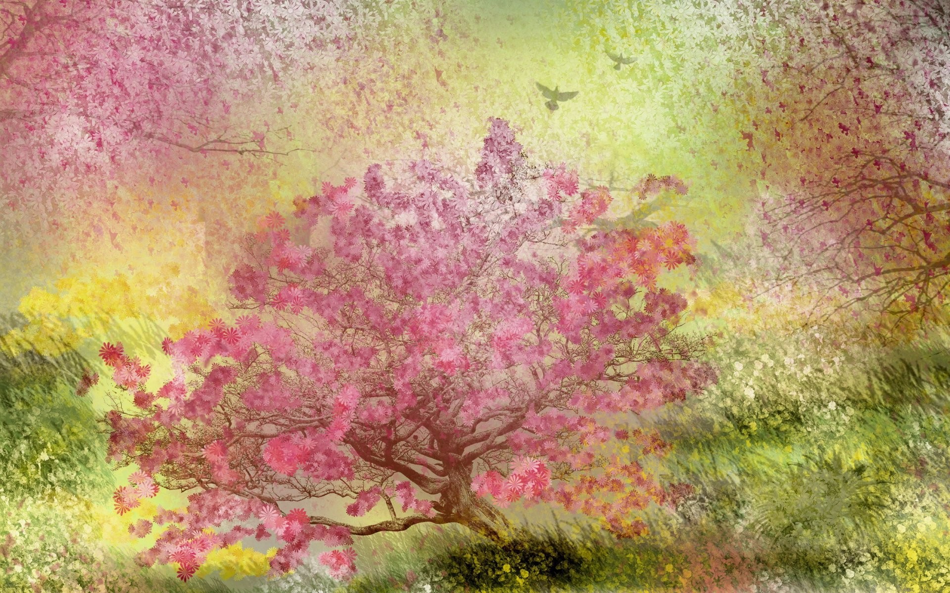 Скачати мобільні шпалери Дерево, Рожевий, Весна, Художній, Живопис безкоштовно.