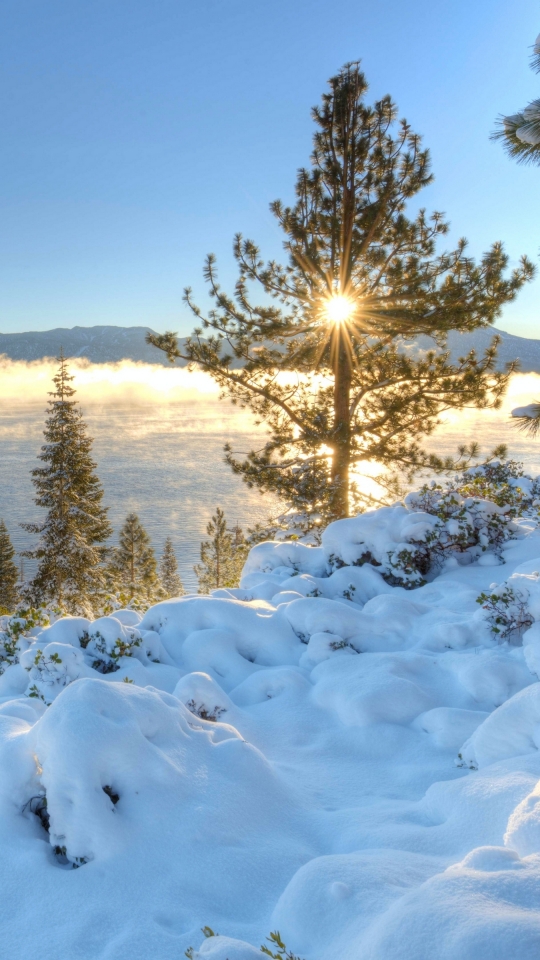 earth, lake tahoe, sunrise, nature, snow, california, nevada, winter, lake, lakes cellphone