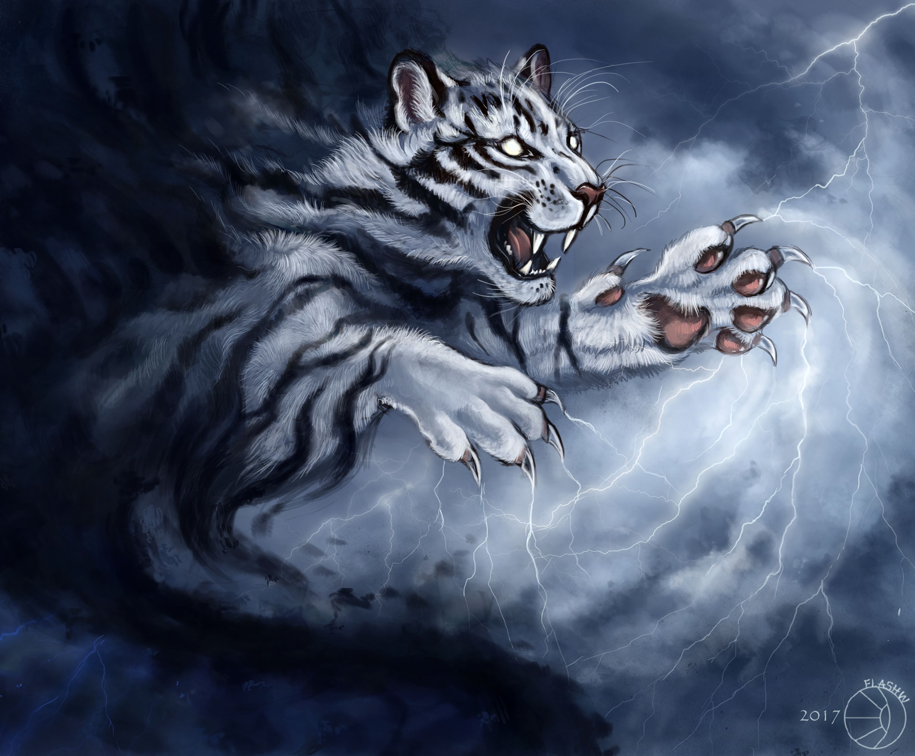 art, tiger, grin, predator, claws Panoramic Wallpaper