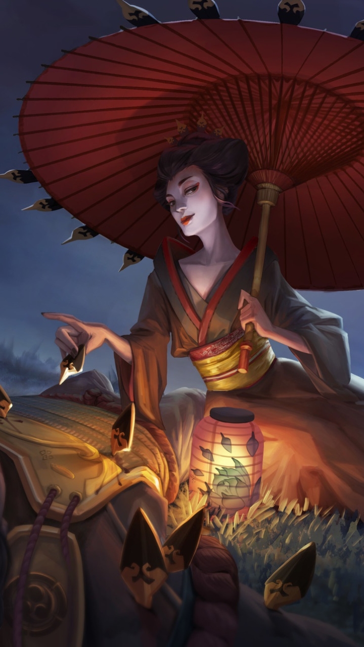Download mobile wallpaper Fantasy, Lantern, Umbrella, Oriental, Geisha for free.