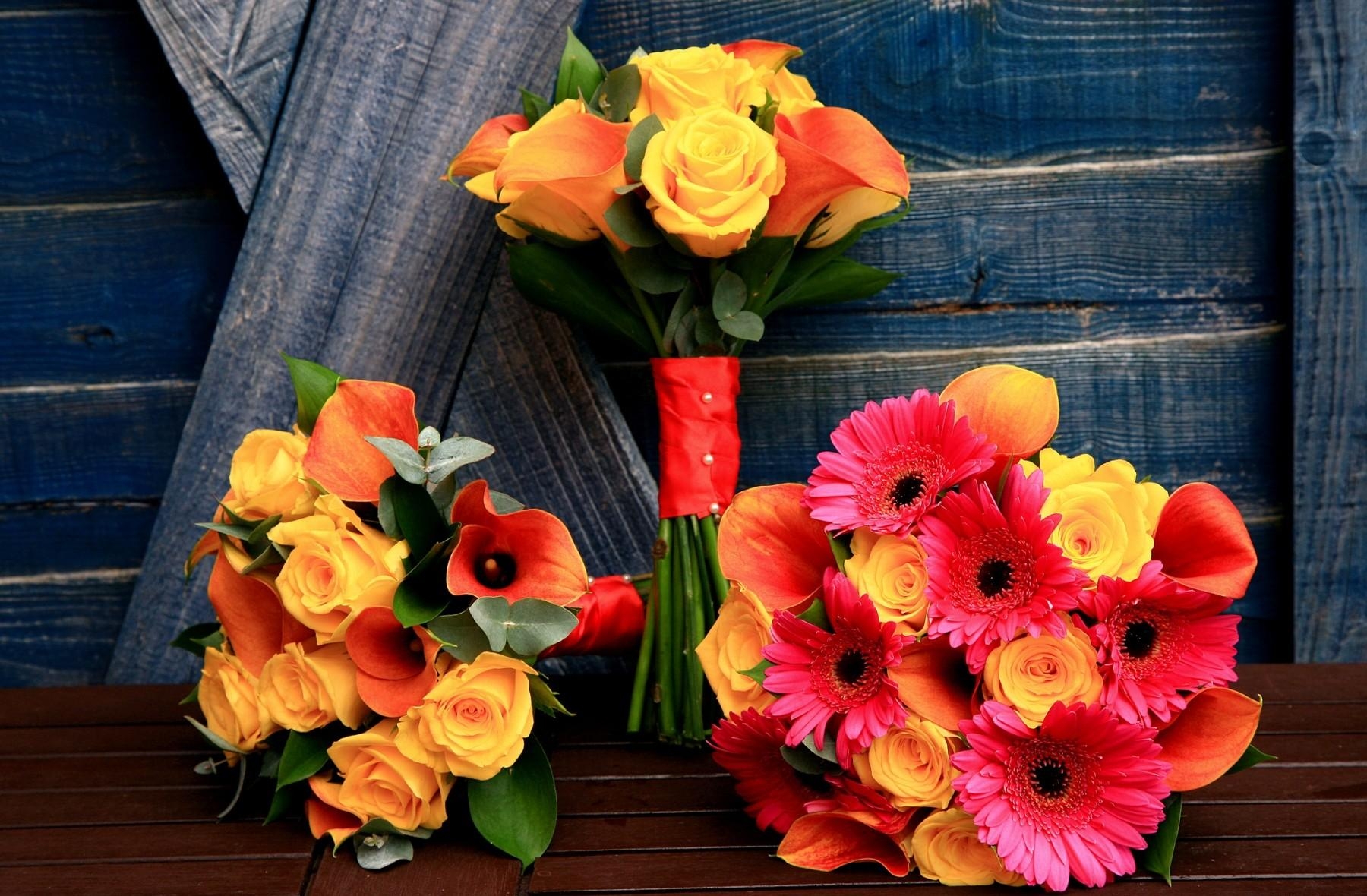 flowers, roses, bouquets, gerberas, wood, tree, registration, typography, table, calla, callas, three