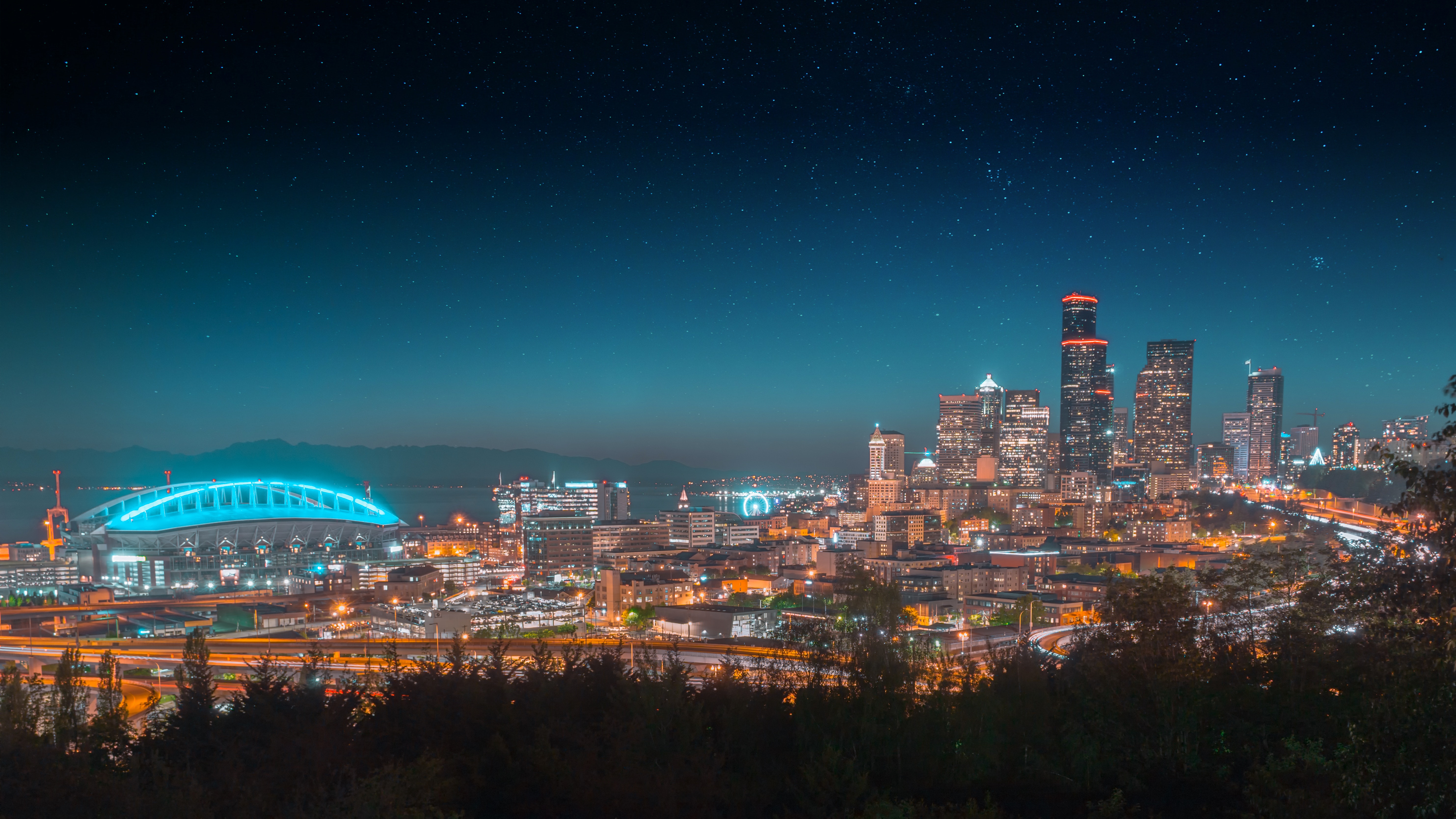 cities, architecture, starry sky, night city, city lights, panorama desktop HD wallpaper