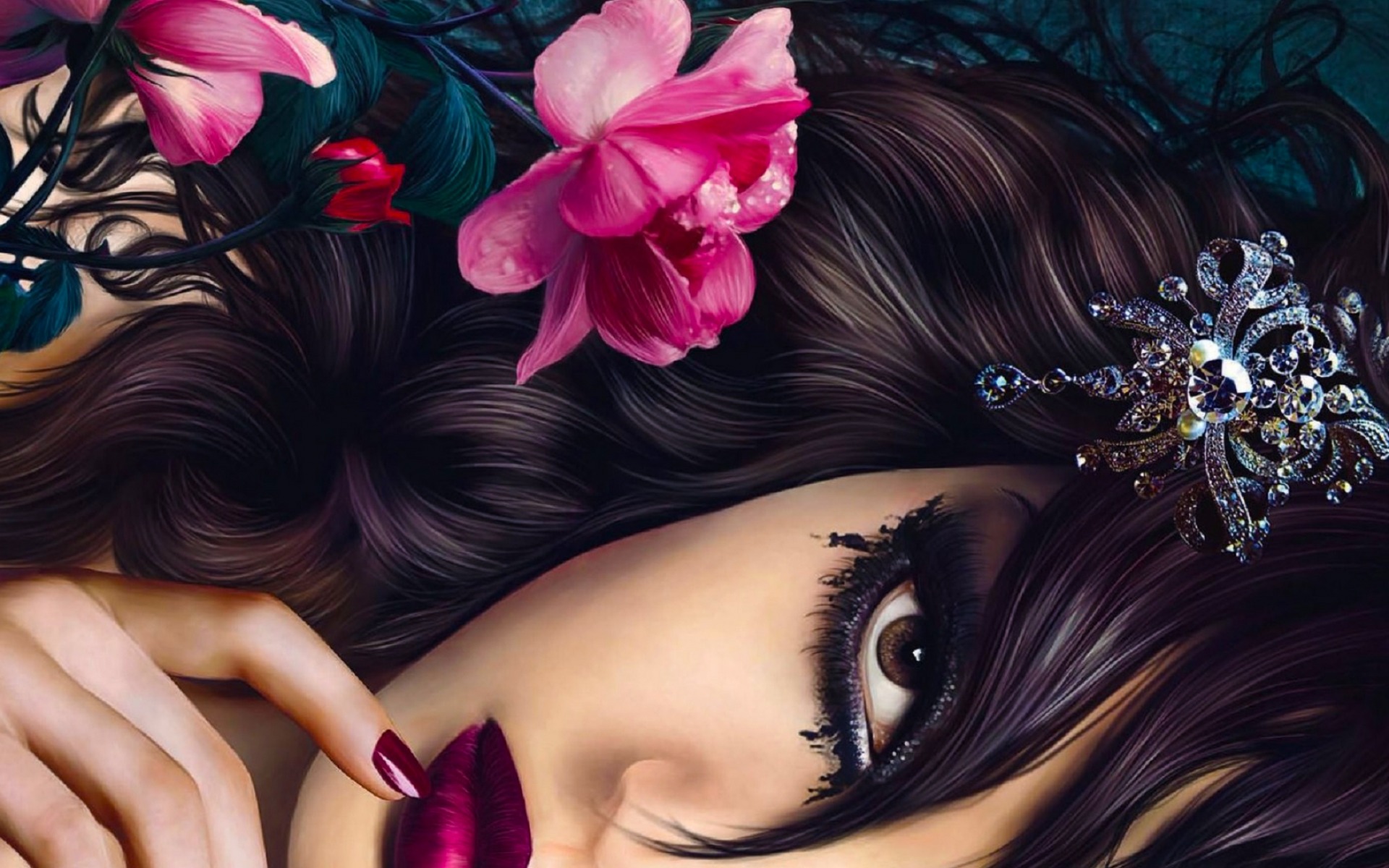 Free download wallpaper Fantasy, Flower, Close Up, Face, Women, Makeup, Brown Eyes on your PC desktop