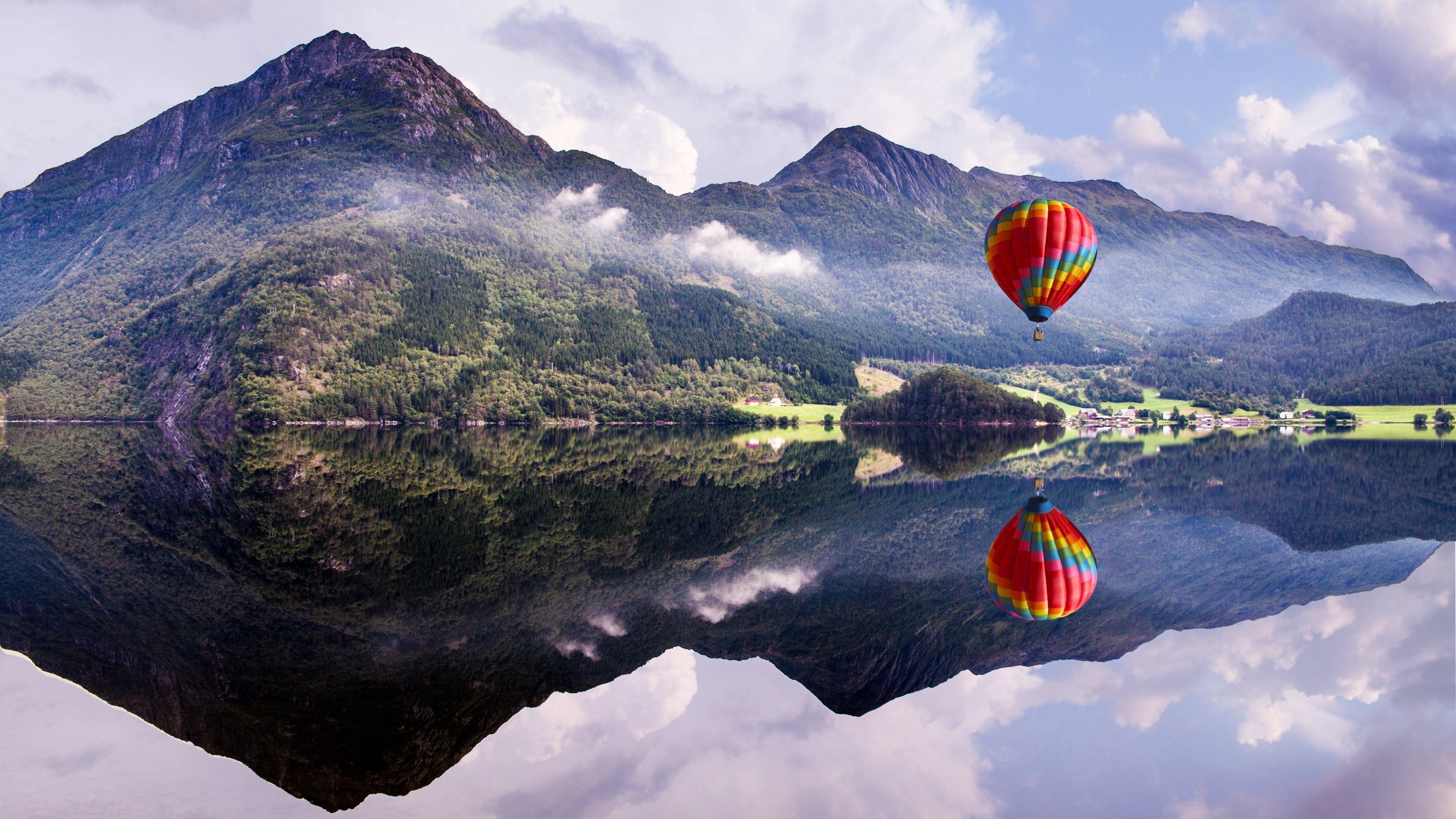 PCデスクトップにバルーン, 自然, 山脈, 反射, 湖, 気球画像を無料でダウンロード