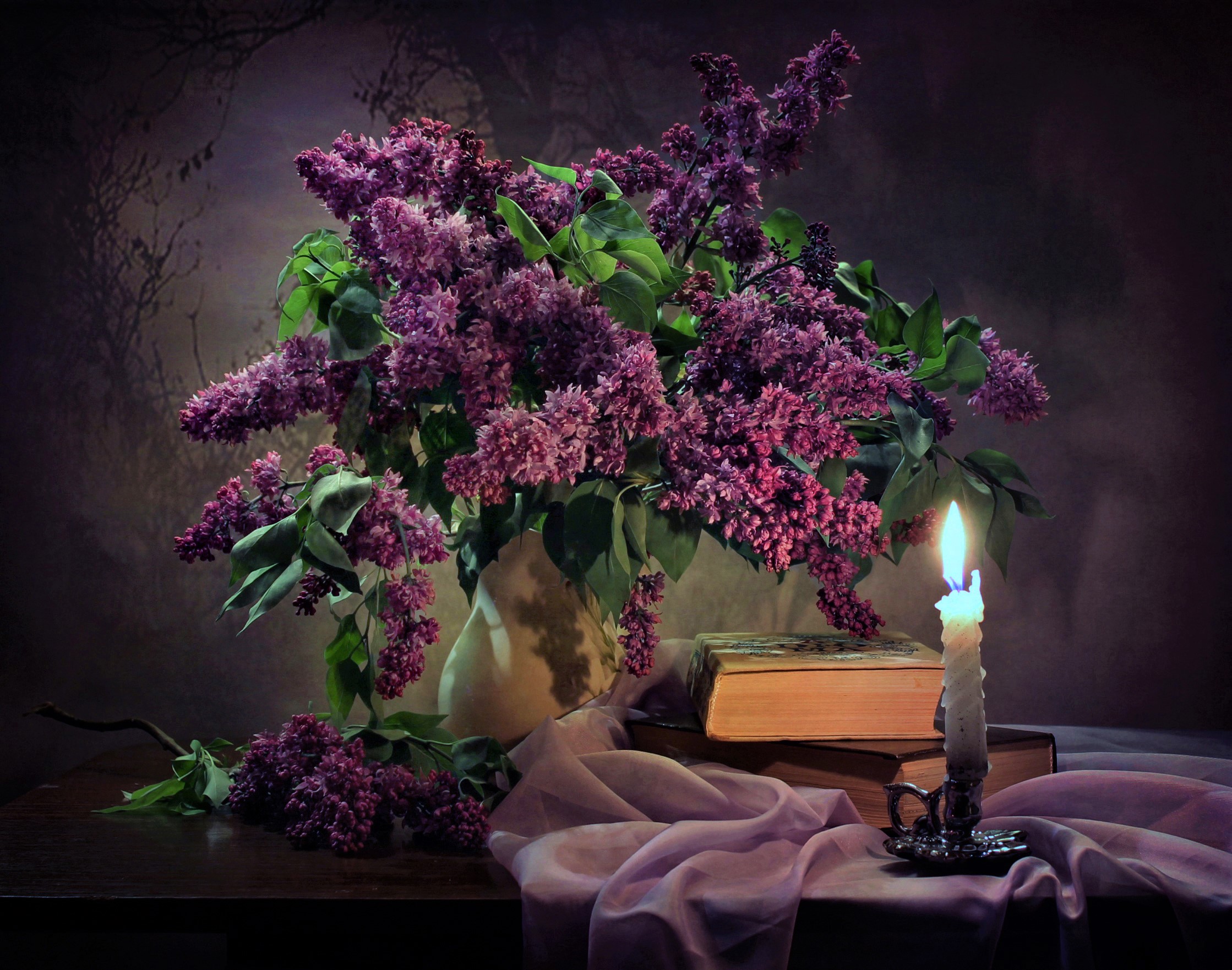 Free download wallpaper Lilac, Still Life, Vase, Book, Candle, Photography, Purple Flower on your PC desktop