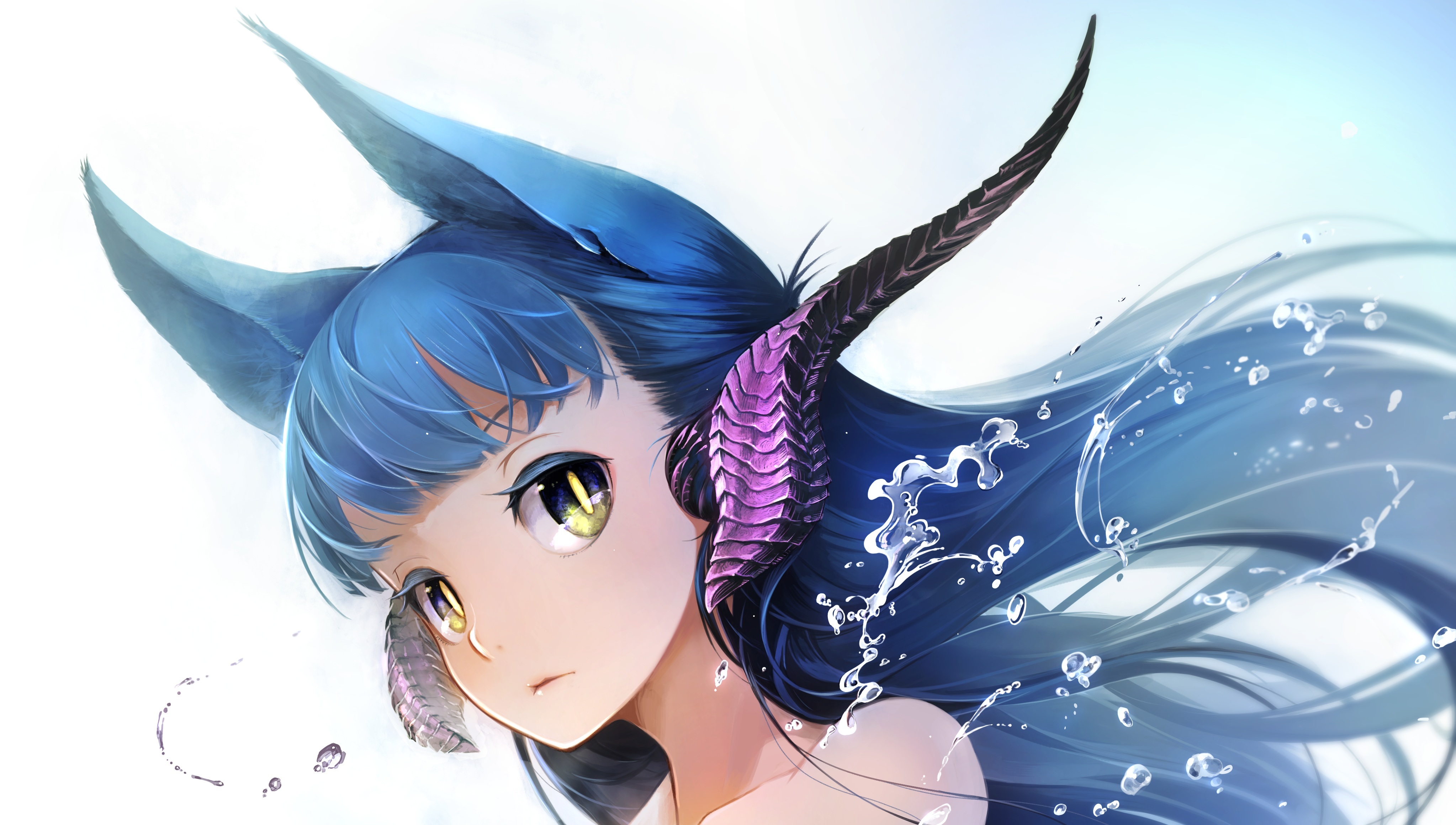 Download mobile wallpaper Anime, Face, Horns, Yellow Eyes, Original, Blue Hair, Long Hair, Animal Ears for free.