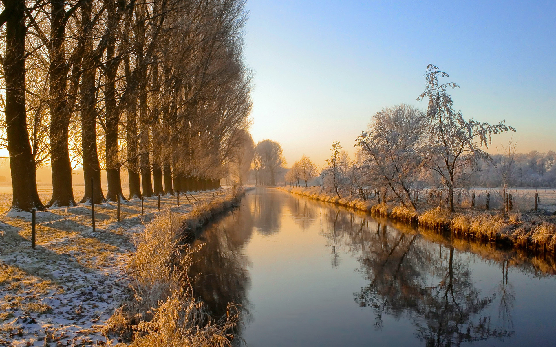 Free download wallpaper Landscape, Rivers, Trees, Snow on your PC desktop