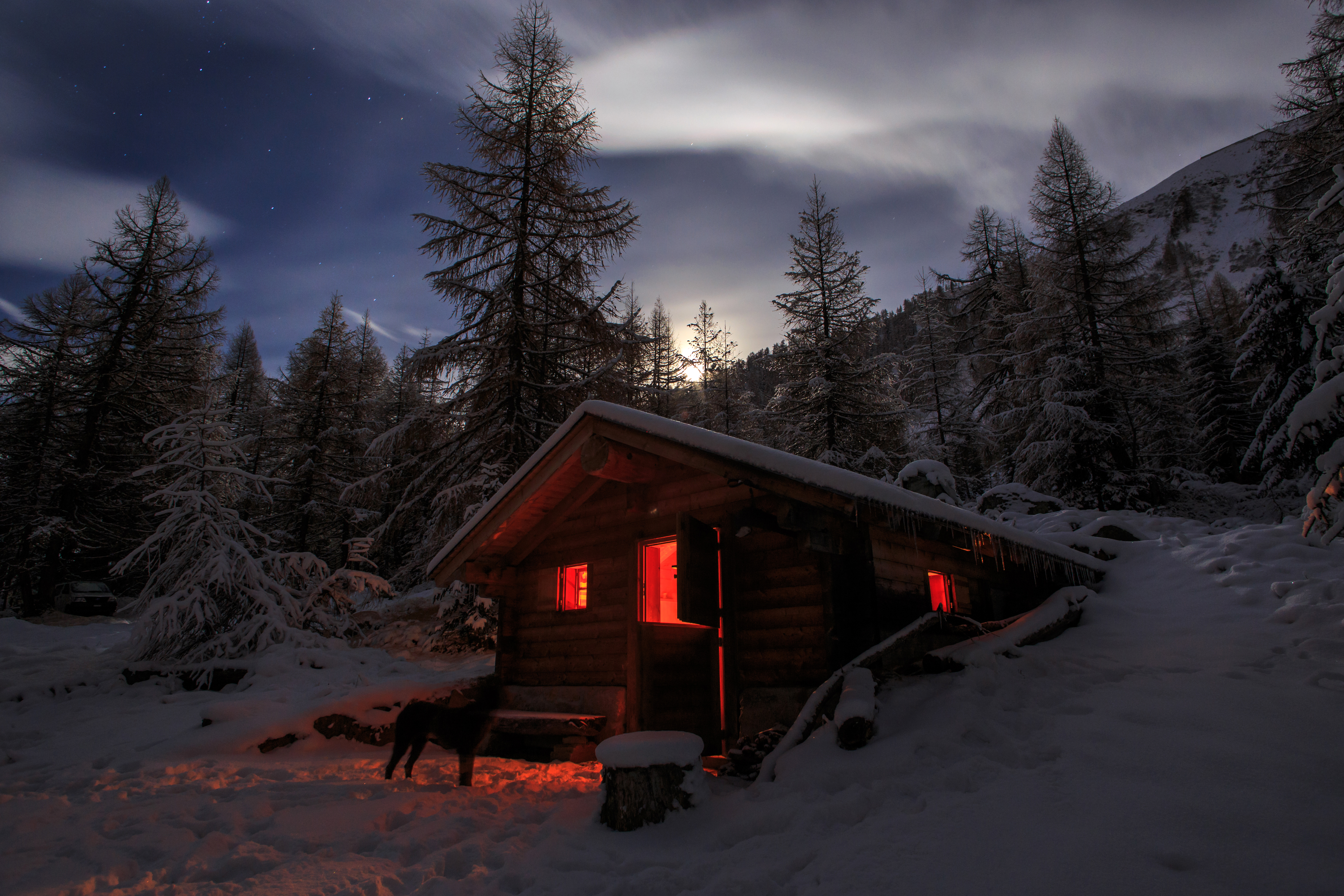Download mobile wallpaper Winter, Night, Snow, House, Earth, Photography, Cottage for free.