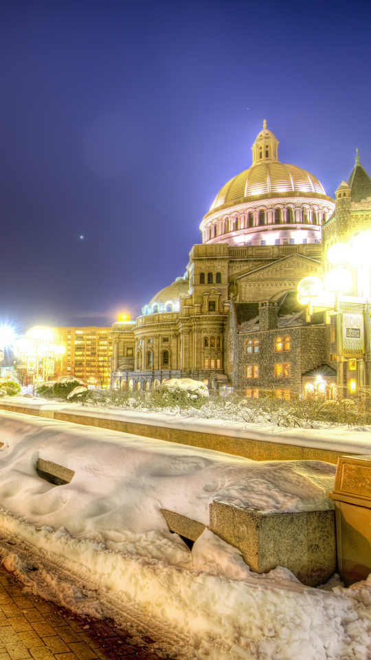 Download mobile wallpaper Cities, Winter, Night, Snow, Building, Light, Boston, Man Made, Christmas Lights for free.